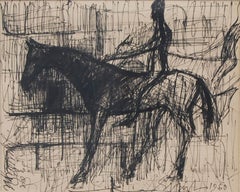 Cavalier, Encre sur papier, Noir par l'Artiste Indien Sunil Das "En stock"
