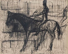 Cavalier cheval, encre sur papier, noir de l'artiste indien Sunil Das « En stock »