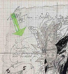 Disegni a inchiostro, penna e inchiostro su carta millimetrata, nero, bianco di artista indiano "In magazzino"