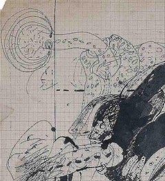 Jottings, penna e inchiostro su carta millimetrata, bianco e nero dell'artista indiano "In magazzino"