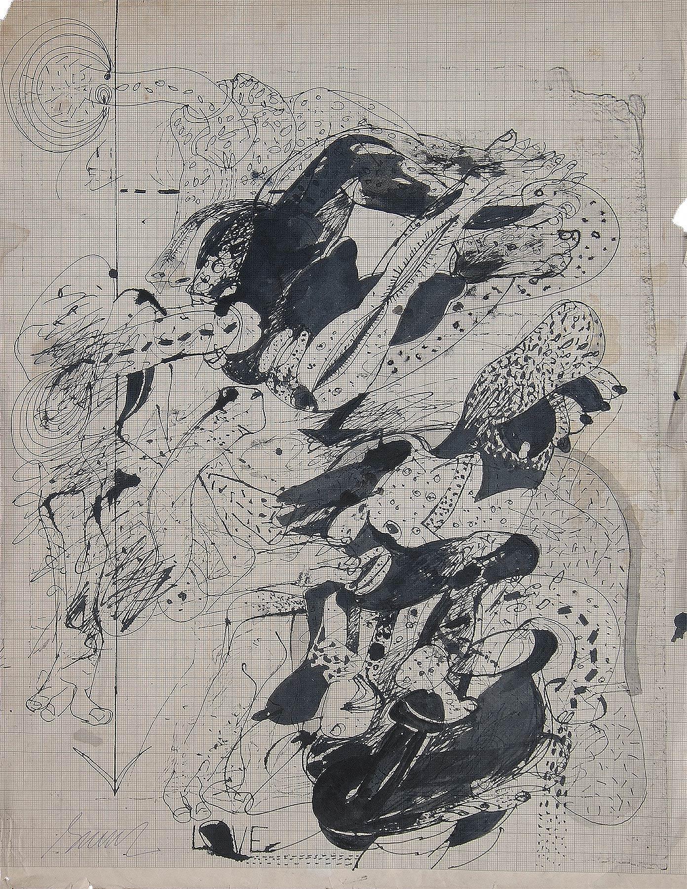 Sunil Das Abstract Painting - Jottings, Pen & Ink on Graph Paper, Black & White by Indian Artist "In Stock"