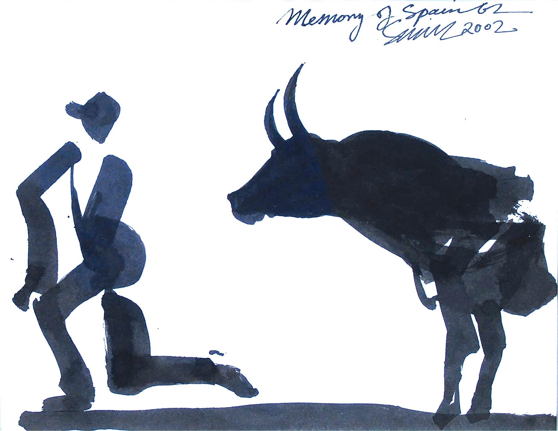 Memory of Spain 62, Bull fighting, Acrylic on Paper, Black, White 