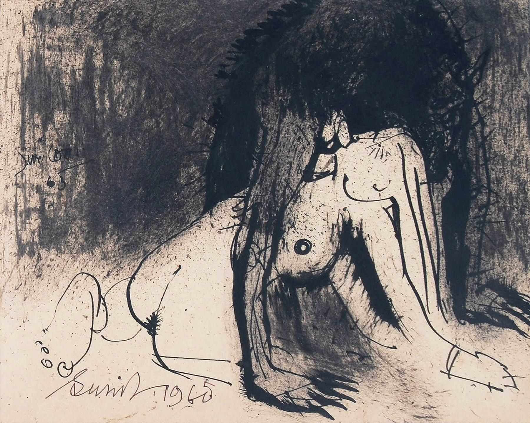 Nude, Ink & Charcoal on Paper, by Indian Artist Sunil Das "In Stock"