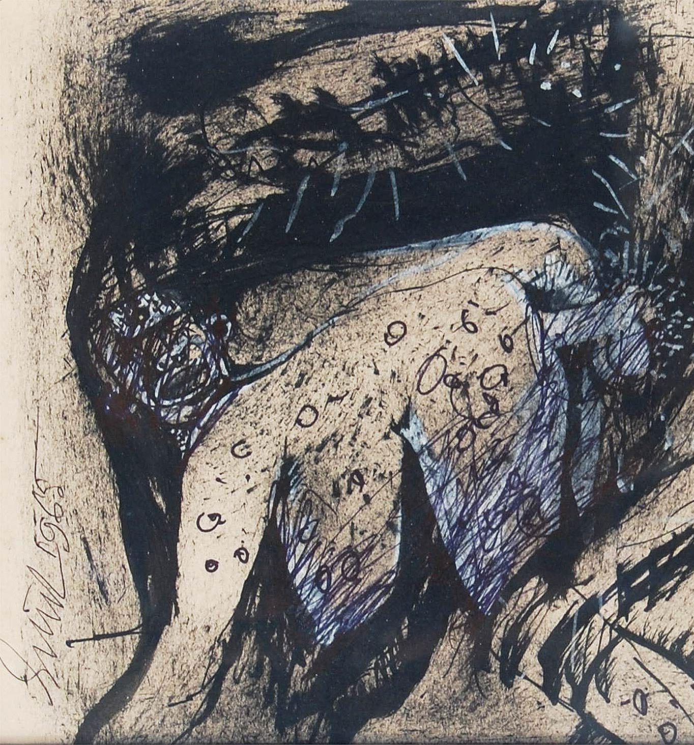 Nudo, inchiostro, pastello, carboncino su carta dell'artista indiano Sunil Das 