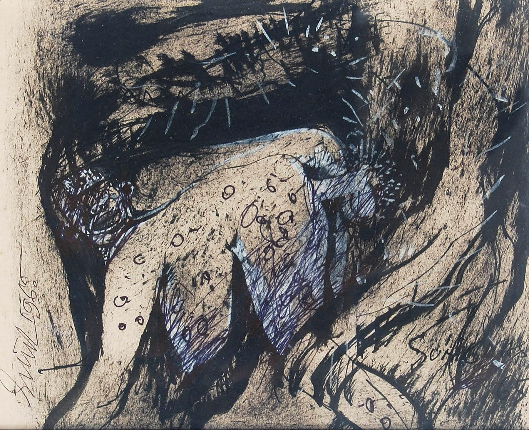 Sunil Das - Sans titre - 8.5 x 7 pouces (taille non encadrée)
Encre et lithographie sur papier
Expédition comprise, sous forme prête à être accrochée.

Dans les années 60, l'art de Sunil était souvent considéré comme un discours dialogique entre le