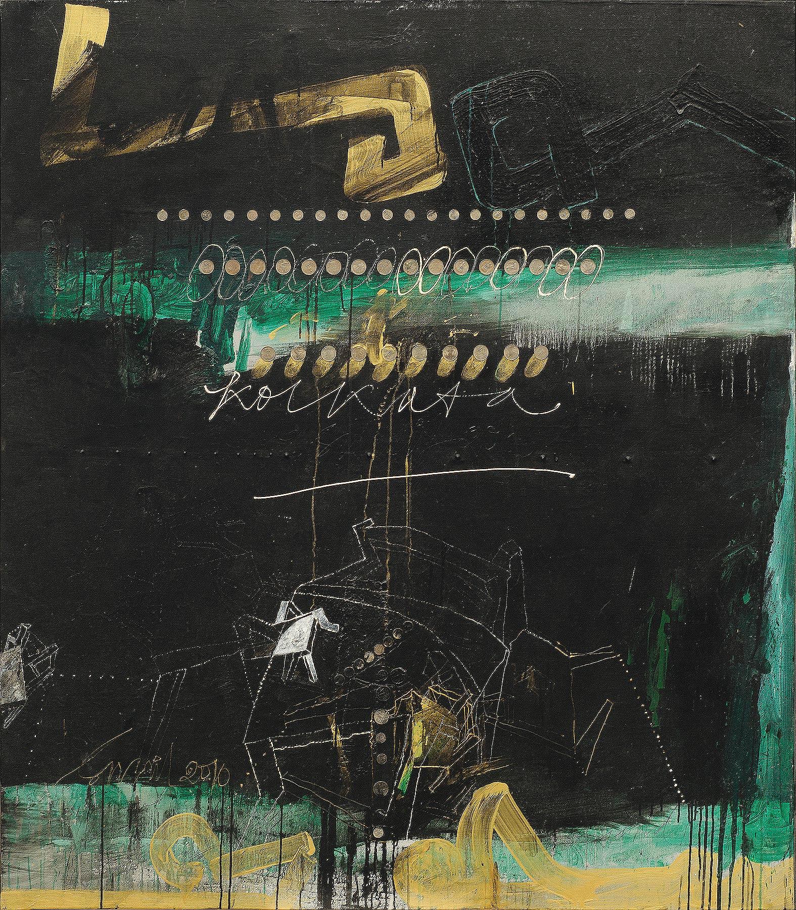 Sunil Das Interior Painting - Abstract Art, Oil, Acrylic, Coins on Canvas, Green, Black, Gold colors"In Stock"