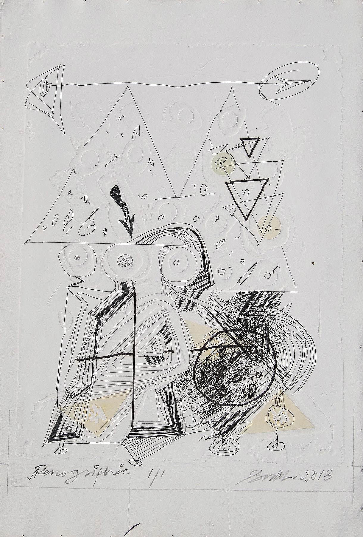 Sunil Das Abstract Drawing – Penographische III, weiße, schwarze Farbzeichnung des indischen Künstlers „In Stock“