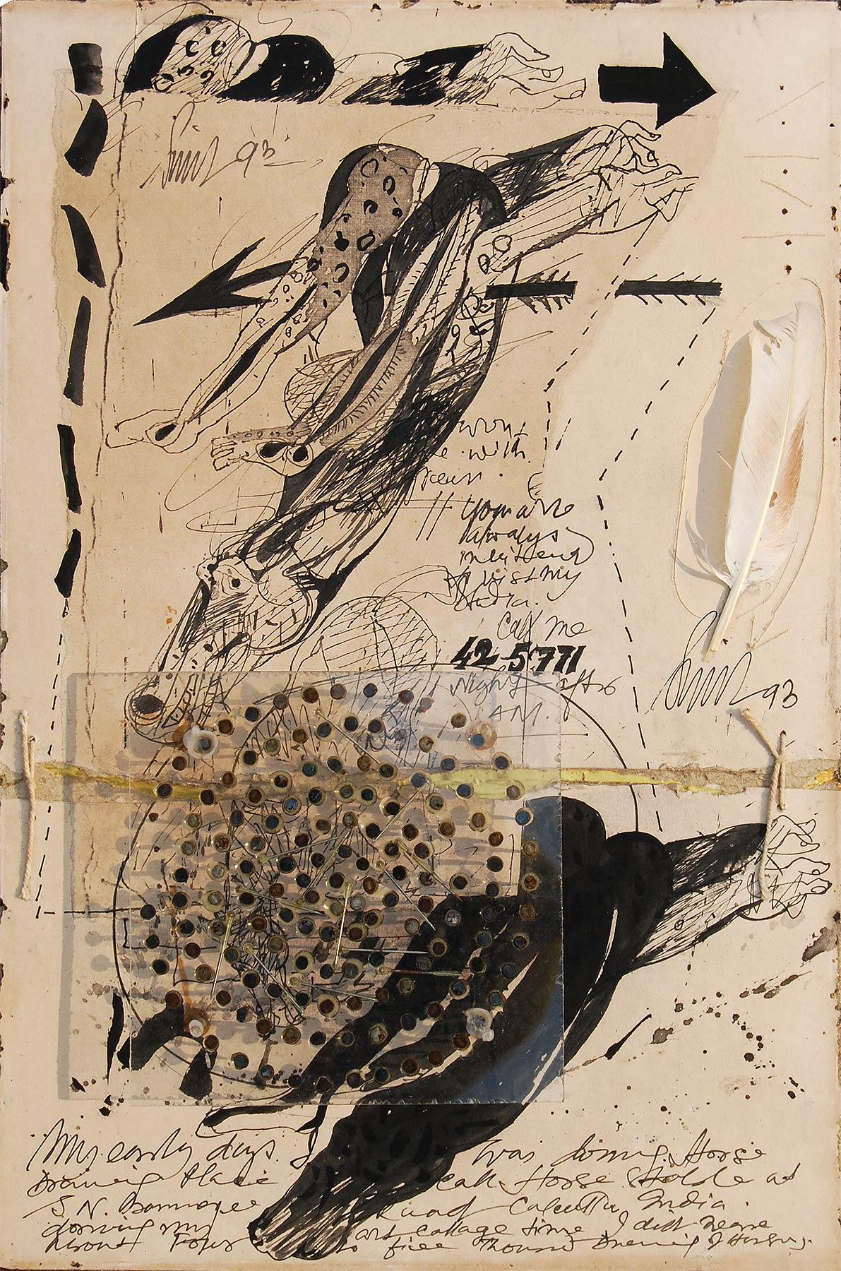 Série de collages rares, plumes de clous en acrylique à l'encre de stylo par l'artiste Sunil Das « En stock »
