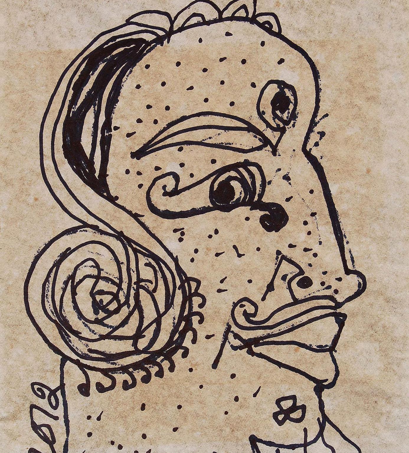 Troisième œil, visage, encre sur papier, noir, marron, de l'artiste Padma Shree « En stock » en vente 1