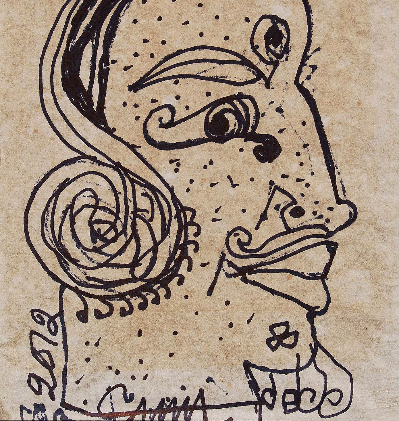 Troisième œil, visage, encre sur papier, noir, marron, de l'artiste Padma Shree « En stock » en vente 3