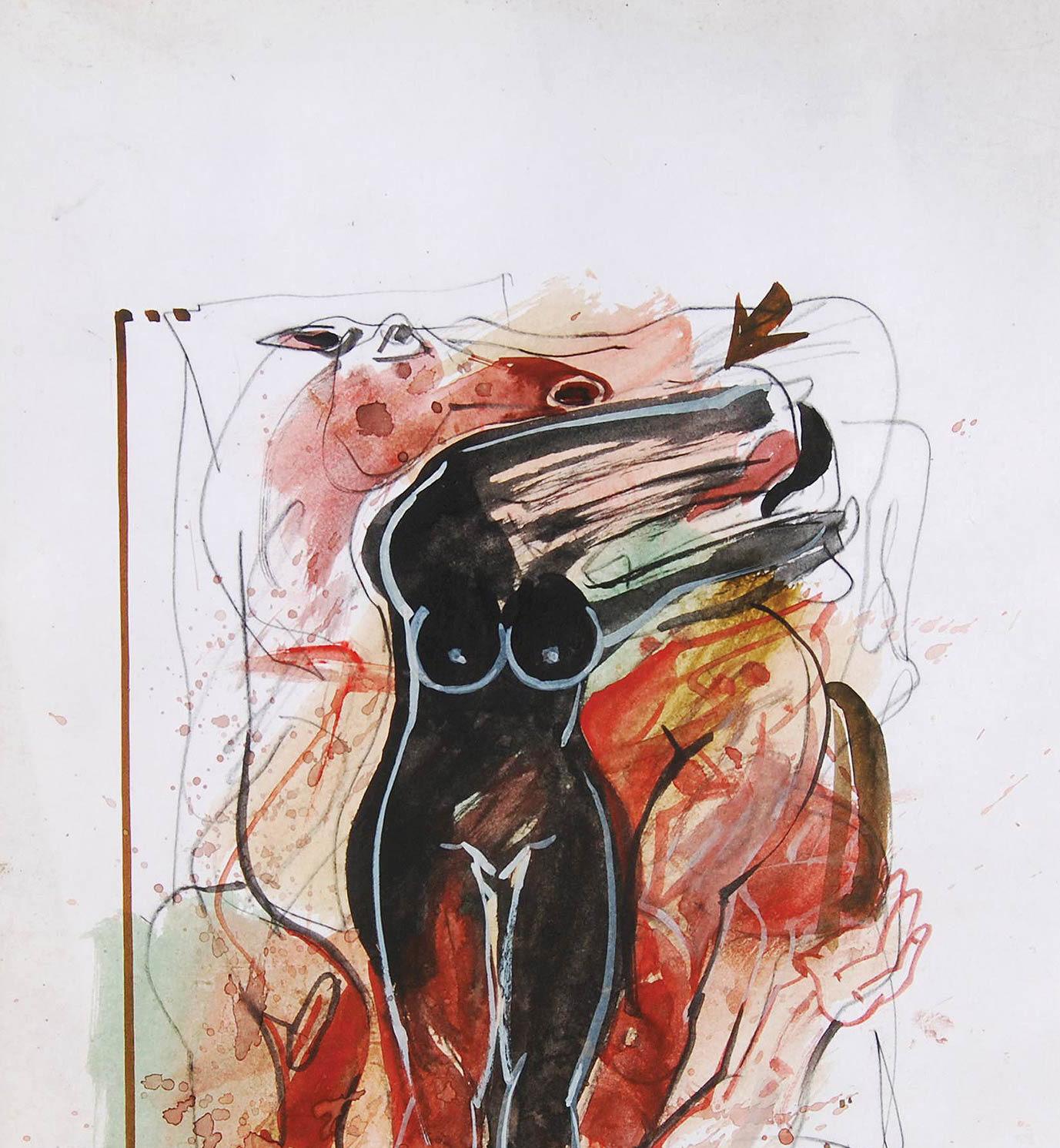 Woman & Horse, Nude, Mixed Media on Paper, Red, Black, Brown 