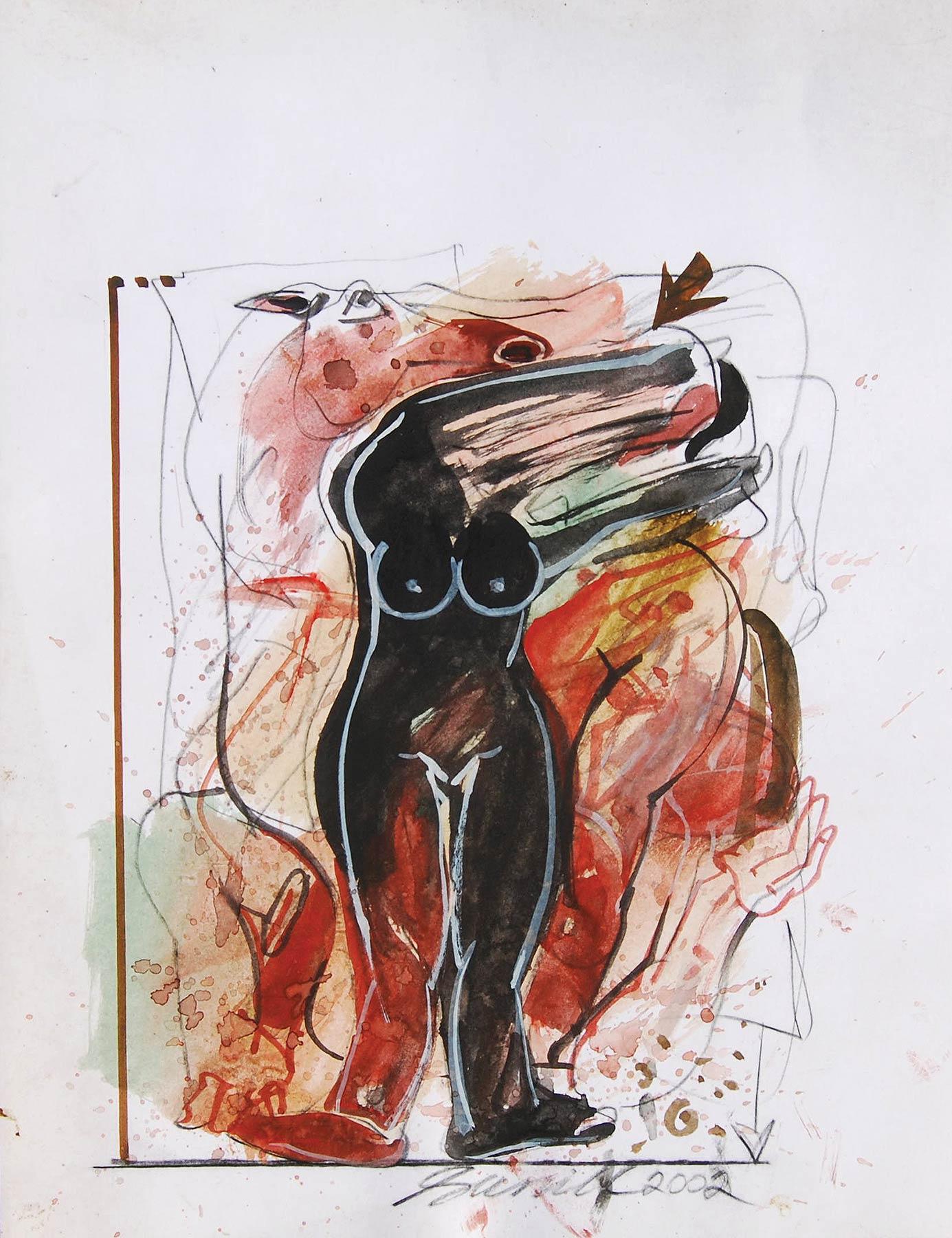 Woman & Horse, Nude, Mixed Media on Paper, Red, Black, Brown "In Stock" - Mixed Media Art by Sunil Das