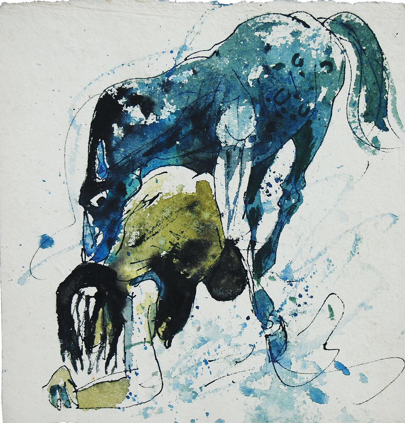 Frauen und Pferd, Mixed Media der indischen Künstlerin Sunil Das „In Stock“