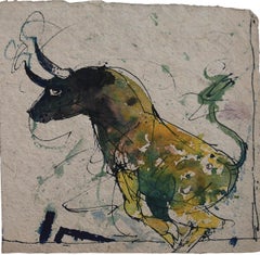 Bull, Green Yellow Black Colour by Indian Artist Sunil Das "In Stock"