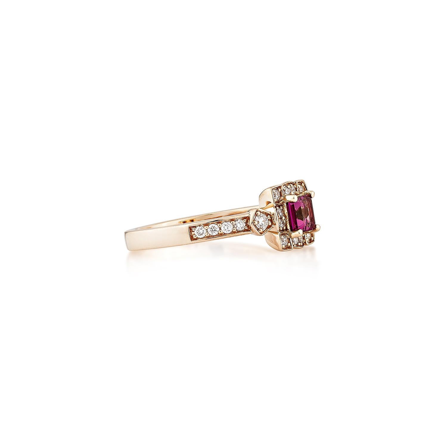 Sunita Nahata presents an elegant Rhodolite fancy ring in an octagon shape, set with sparkling white diamonds. This exquisite piece exudes grace and elegance, making it perfect for both daily wear and special occasions. Crafted from 14-karat rose