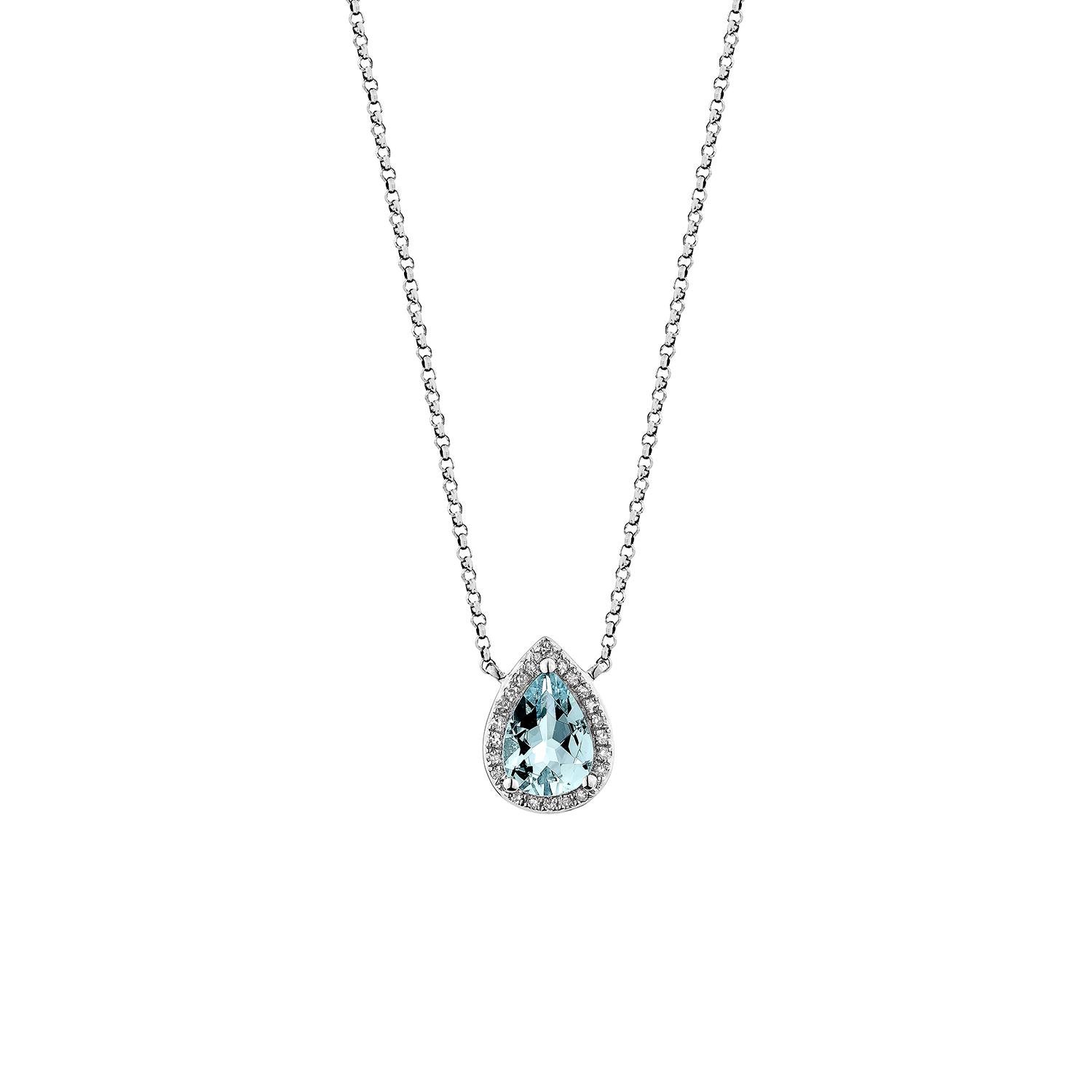 Exquisite pear-shaped aquamarine pendant in 18K white gold, accented with sparkling diamonds for a touch of timeless elegance and serene beauty.

Aquamarine Pendant in 18Karat White Gold with White Diamond.

Aquamarine: 0.60 carat, 7X5mm size, pear