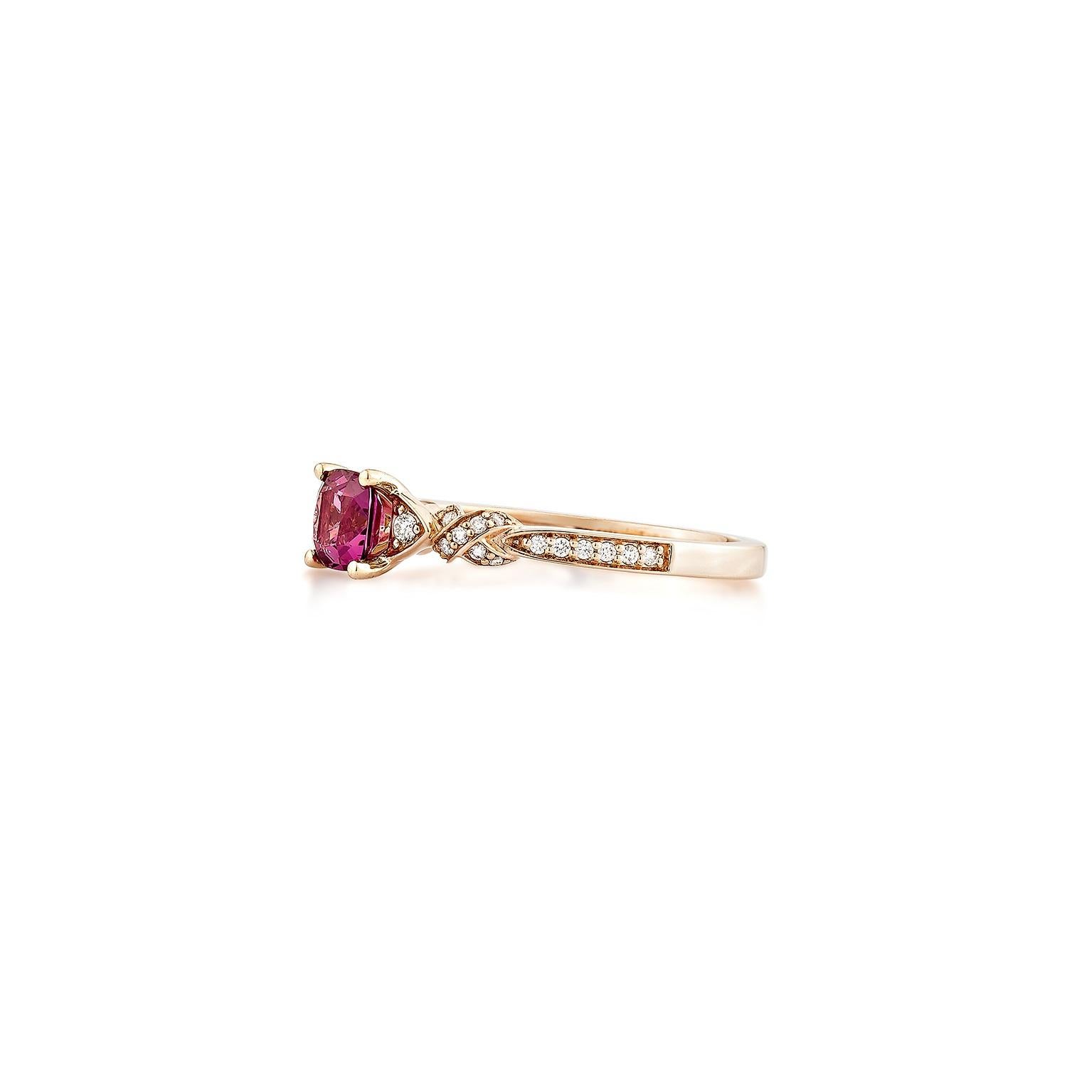 Cushion Cut Sunita Nahata Rhodolite 0.70ct. Fancy Ring in 14KRG with White Diamond. For Sale