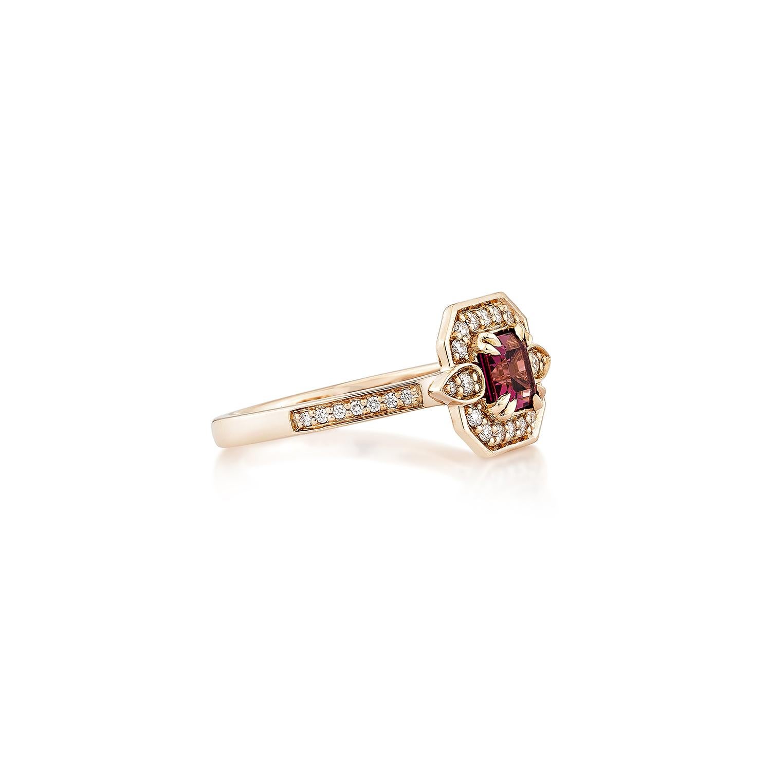 Sunita Nahata presents an elegant Rhodolite fancy ring in an octagon shape, set with sparkling white diamonds. This exquisite piece exudes grace and elegance, making it perfect for both daily wear and special occasions. Crafted from 14-karat rose