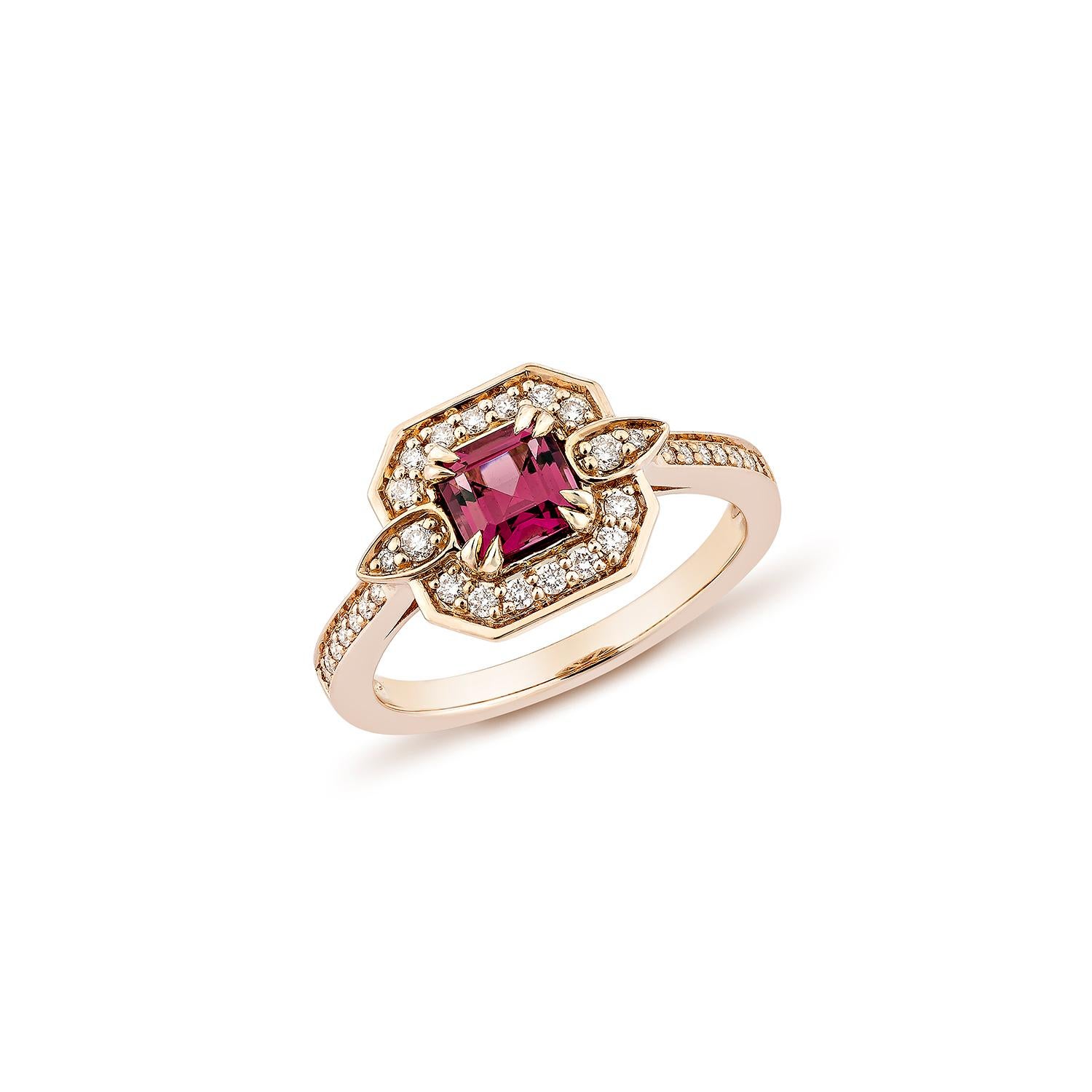 Contemporary Sunita Nahata Rhodolite 0.79ct. Fancy Ring in 14KRG with White Diamond. For Sale