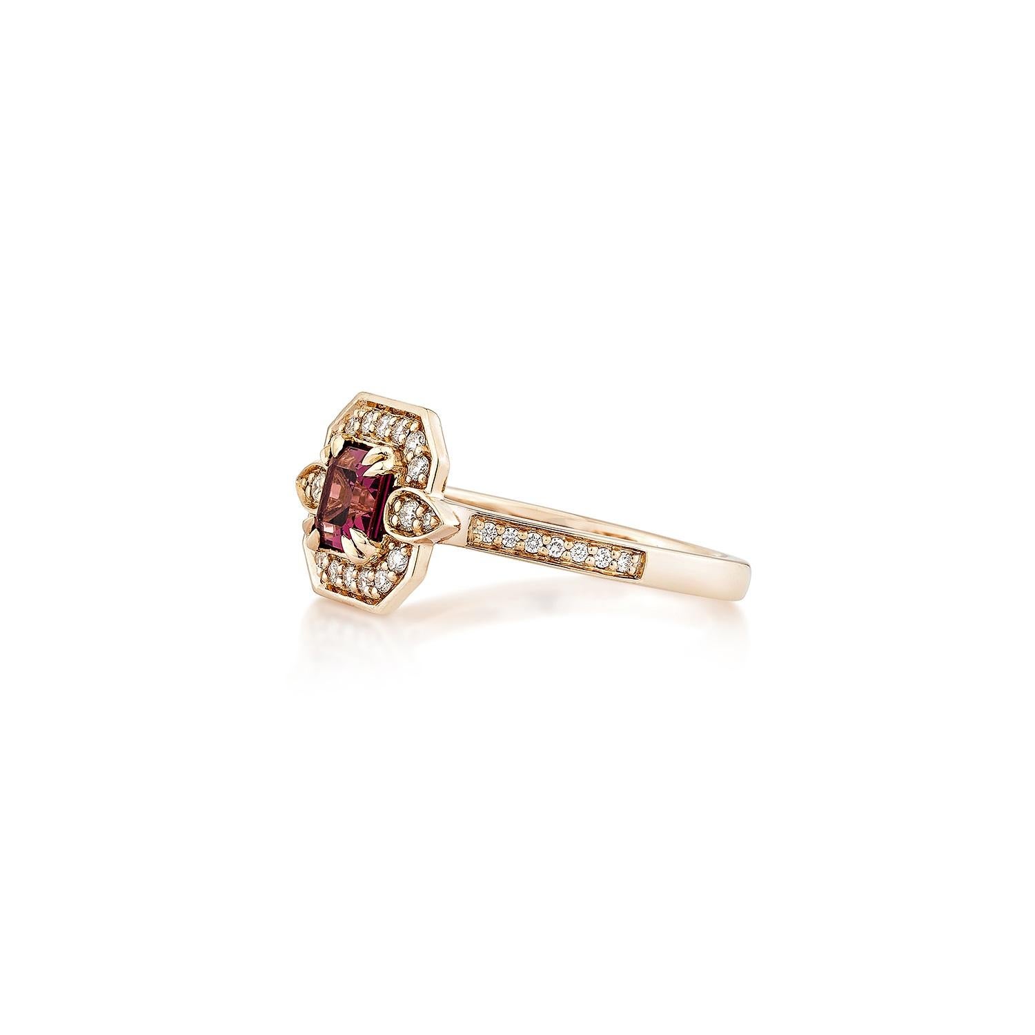 Octagon Cut Sunita Nahata Rhodolite 0.79ct. Fancy Ring in 14KRG with White Diamond. For Sale