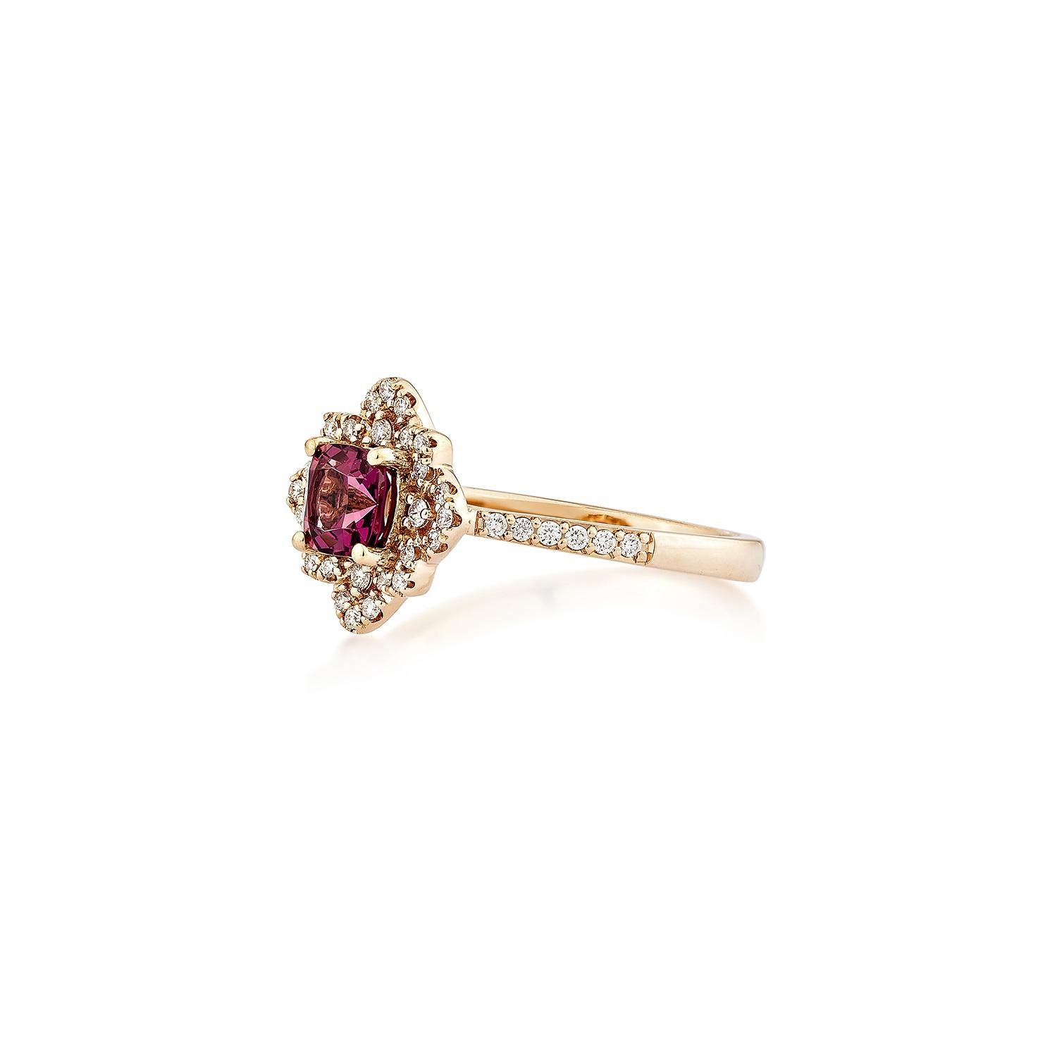Cushion Cut Sunita Nahata Rhodolite 0.80ct. Fancy Ring in 14KRG with White Diamond. For Sale