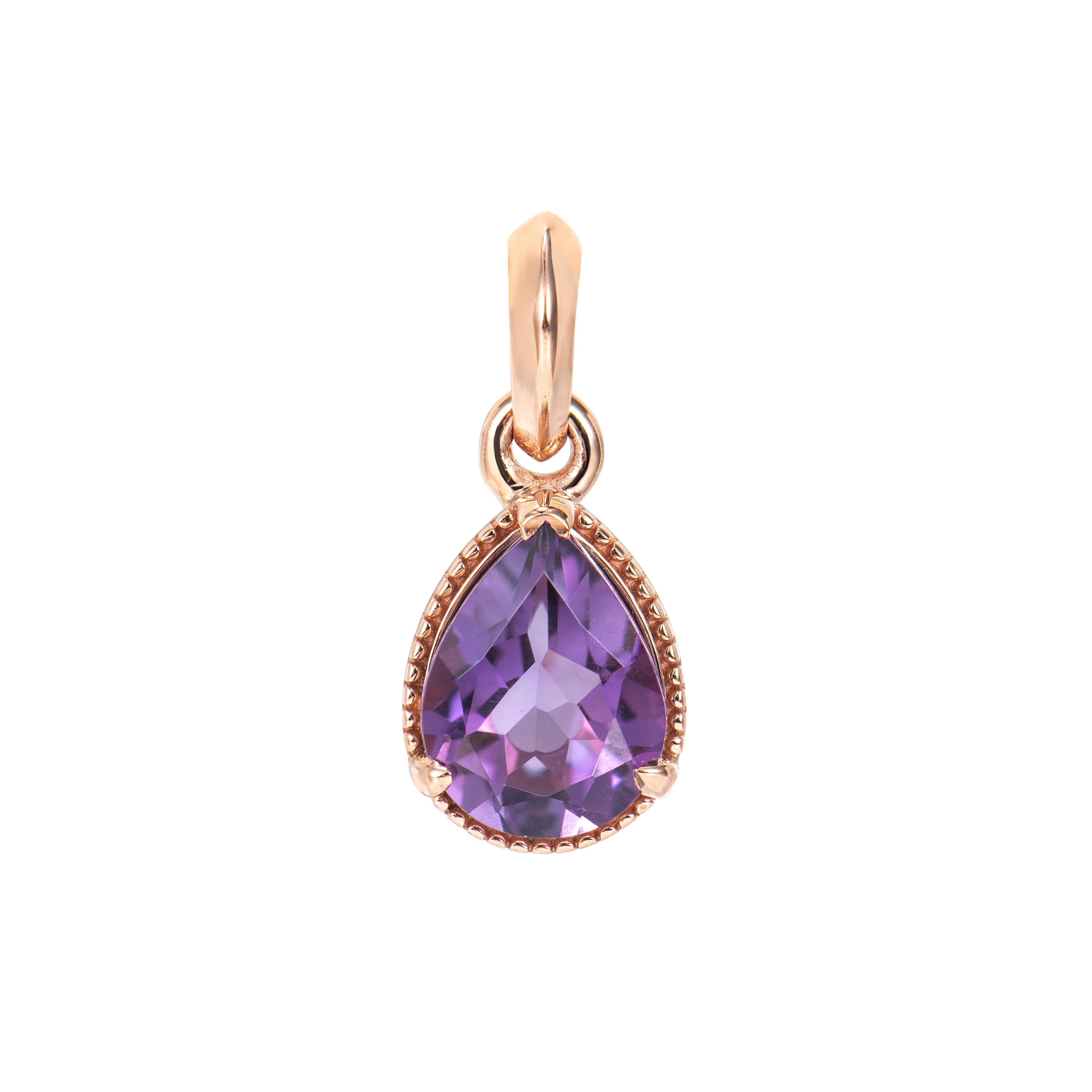 Presentato Una straordinaria varietà di gemme di ametista per coloro che rispettano la qualità e desiderano indossarle in ogni occasione o ogni giorno. Il ciondolo con ametista in oro rosa.

Ciondolo con ametista in oro rosa 14 carati.

Ametista: