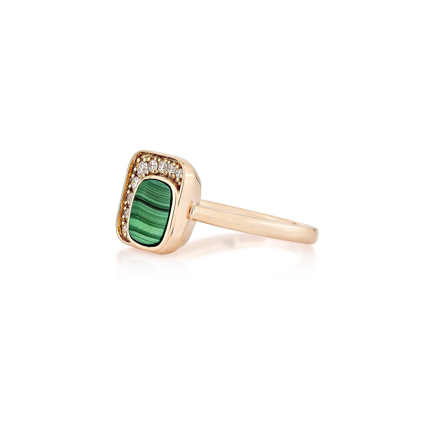Cushion Cut Sunita Nahata Malachite 0.88ct. Fancy Ring in 18KRG with Diamond. For Sale