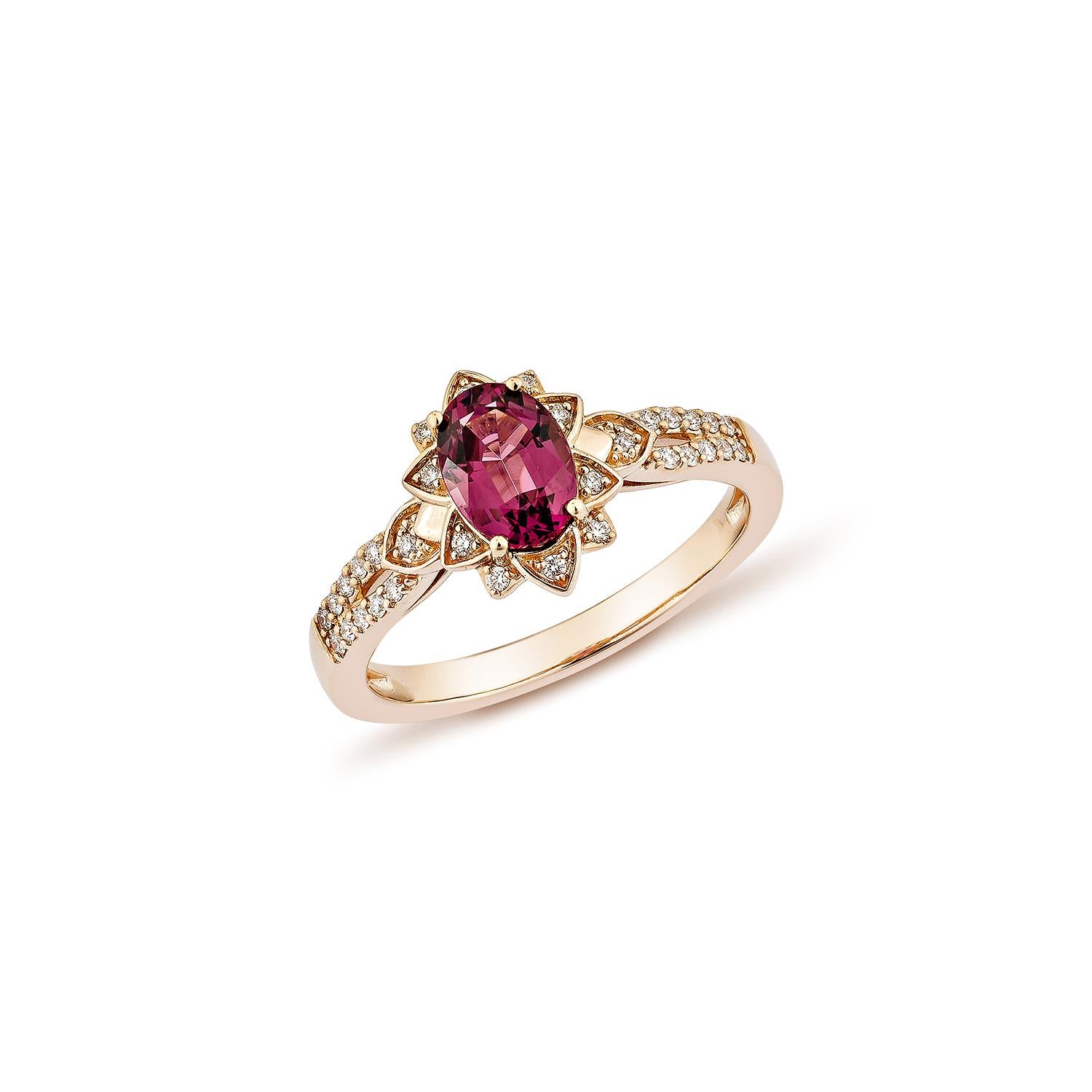 Contemporary Sunita Nahata Rhodolite 1.02ct. Fancy Ring in 14KRG with White Diamond. For Sale