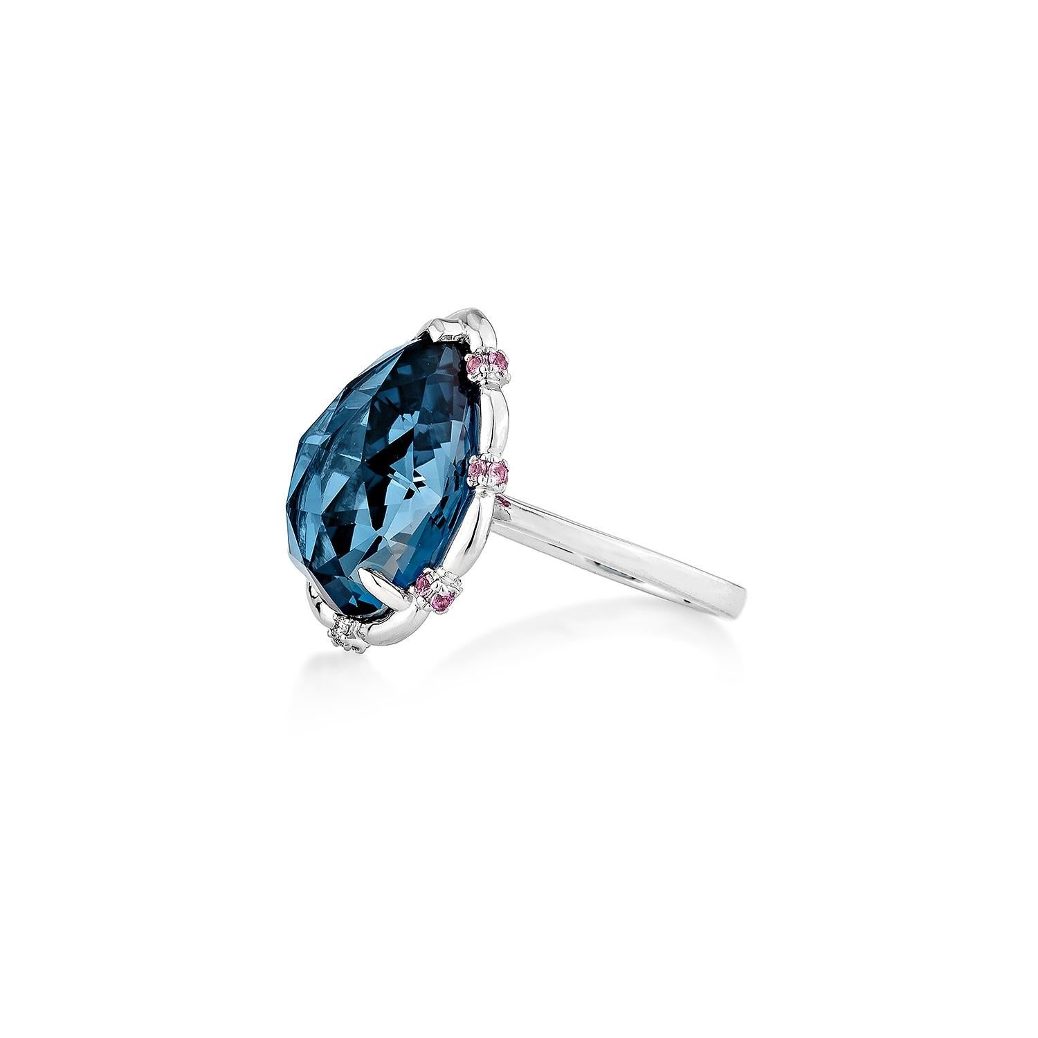Pear Cut Sunita Nahata London Blue Topaz 10.22ct. Ring in 18KWG with White Diamond. For Sale