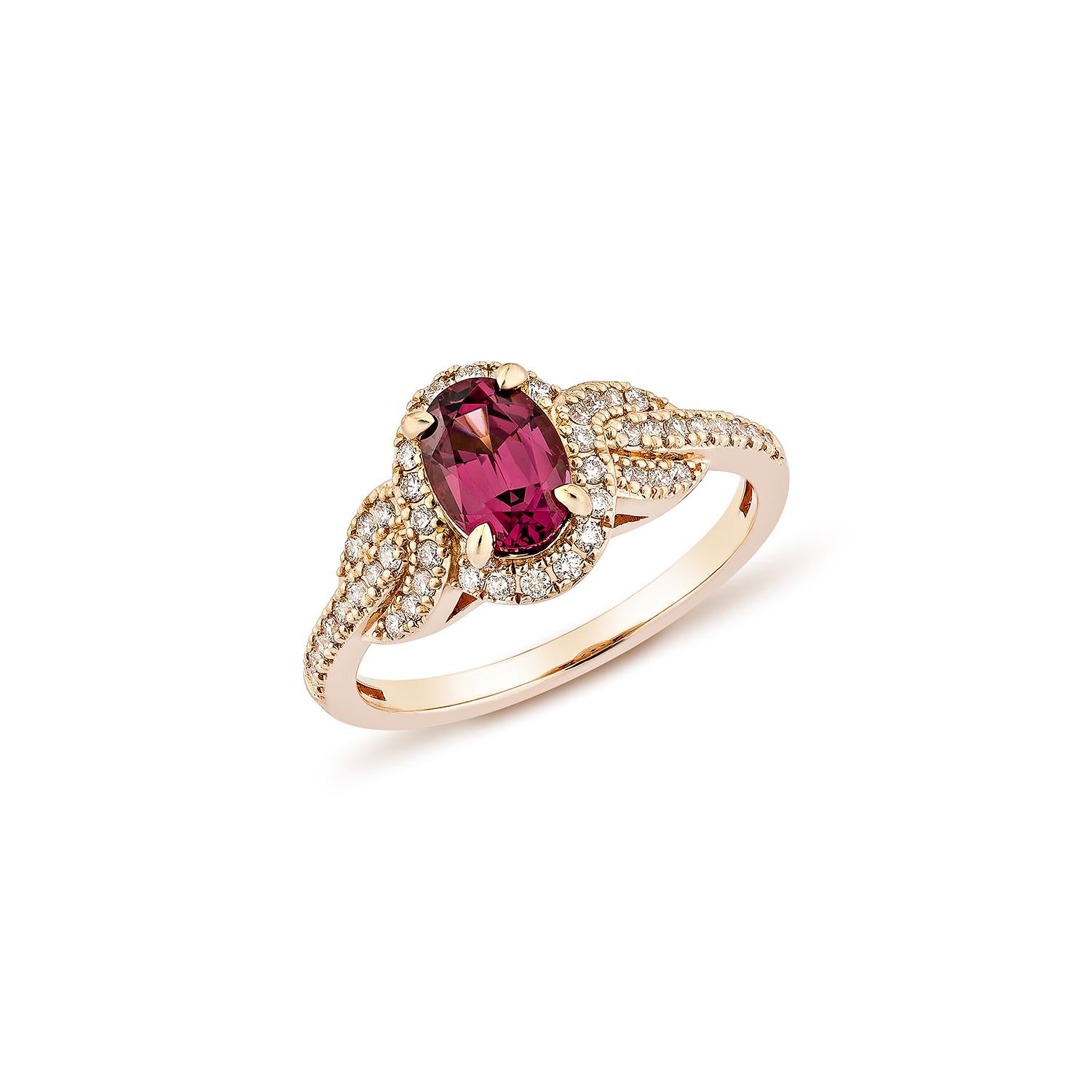 Contemporary Sunita Nahata Rhodolite 1.04ct. Fancy Ring in 14KRG with White Diamond. For Sale
