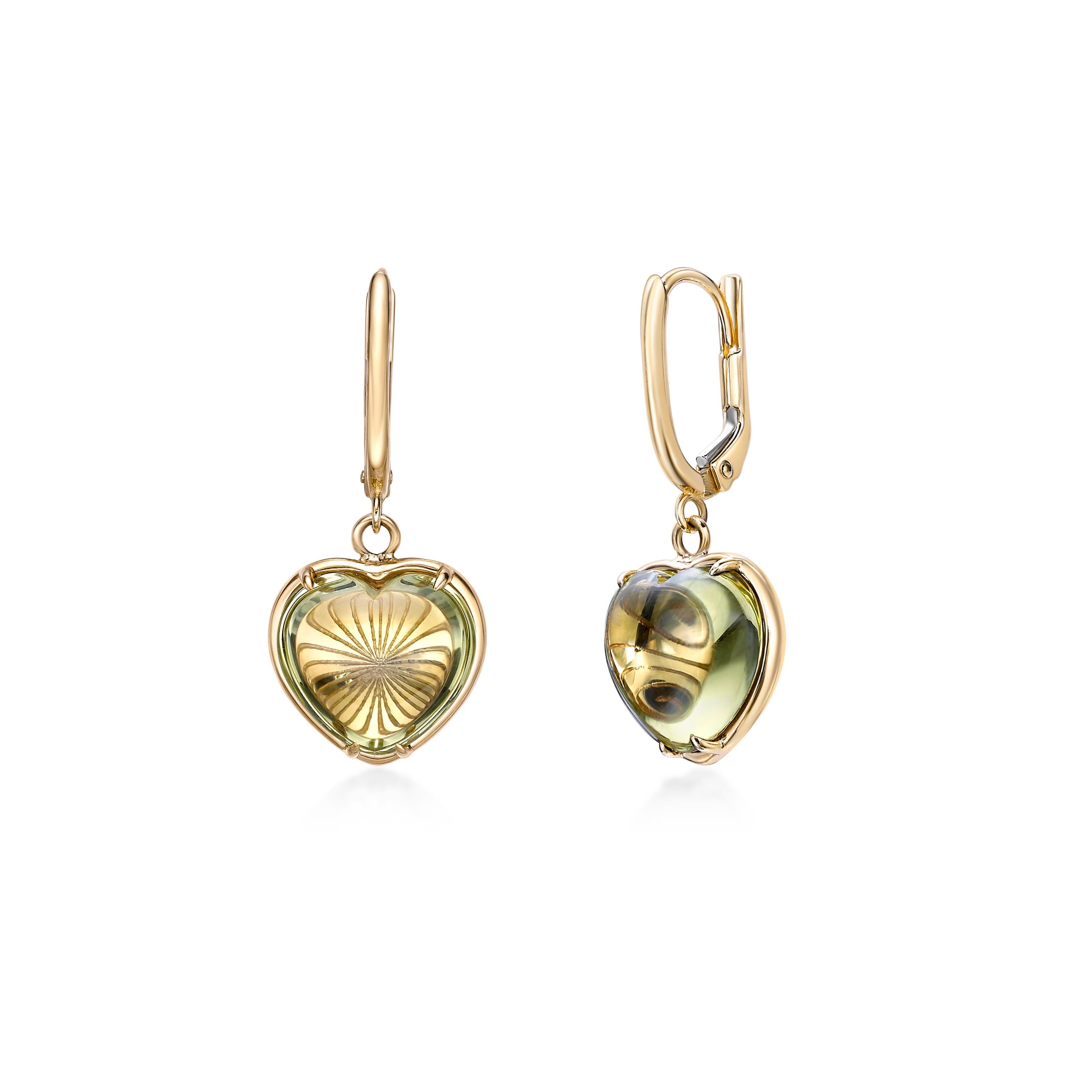 Heart Cut Sunita Nahata Lemon Quartz 10.43ct. Drop Earrings in 18Karat Yellow Gold. For Sale