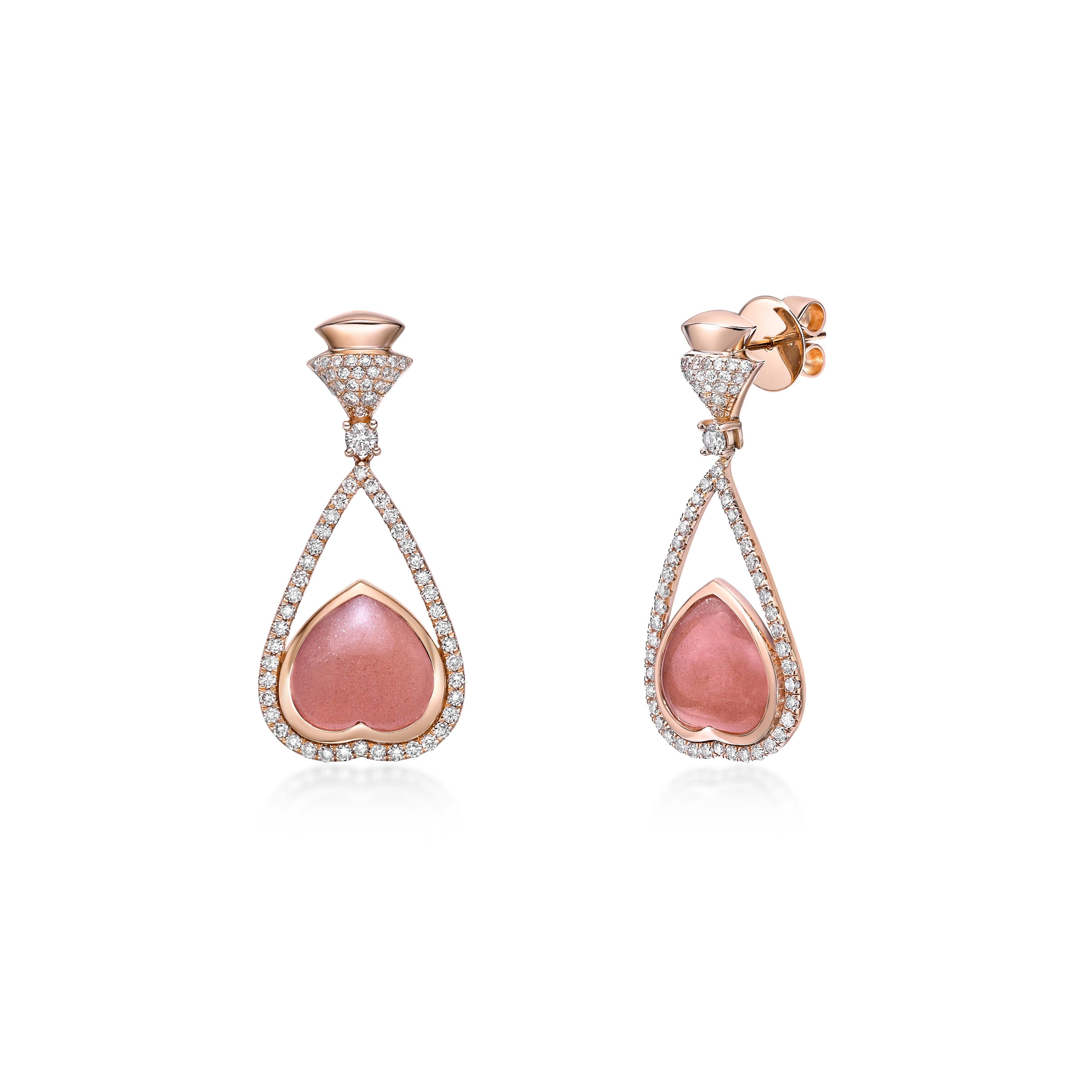 Heart Cut Sunita Nahata Orange Moonstone 10.51ct. Drop Earrings in 18KRG with Diamond. For Sale