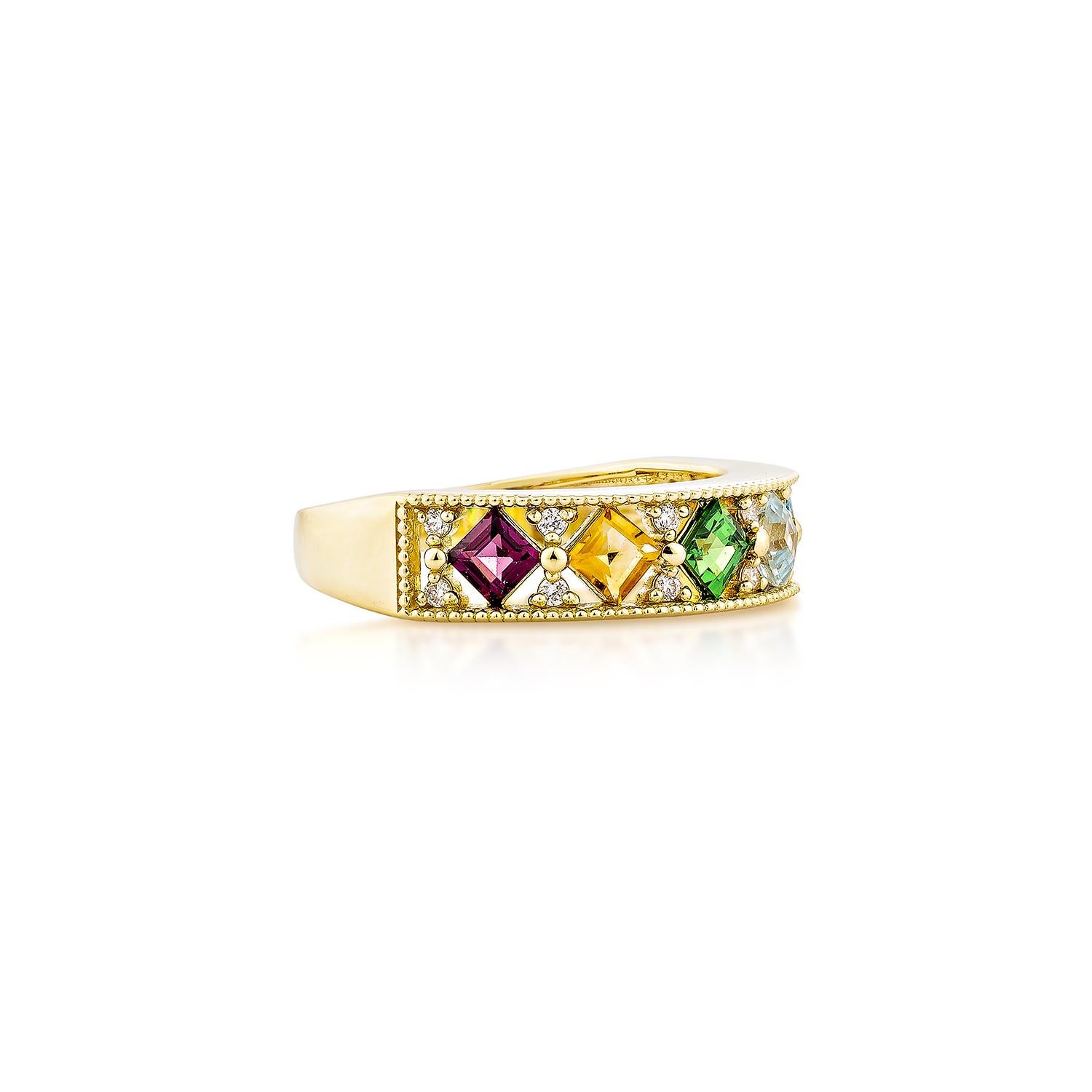 Presenting the rainbow Ring from Sunita Nahata's Rainbow Collection. This gorgeous ring is made up of vivid gemstones that reflect the rainbow's hues and symbolize hope, joy, and variety. This ring offers elegance and luxury while celebrating life's