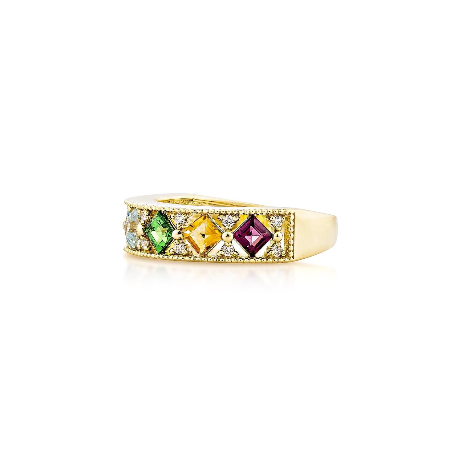 Princess Cut Sunita Nahata Rainbow Gemstone 1.10ct. Ring in 18KYG with White Diamond. For Sale