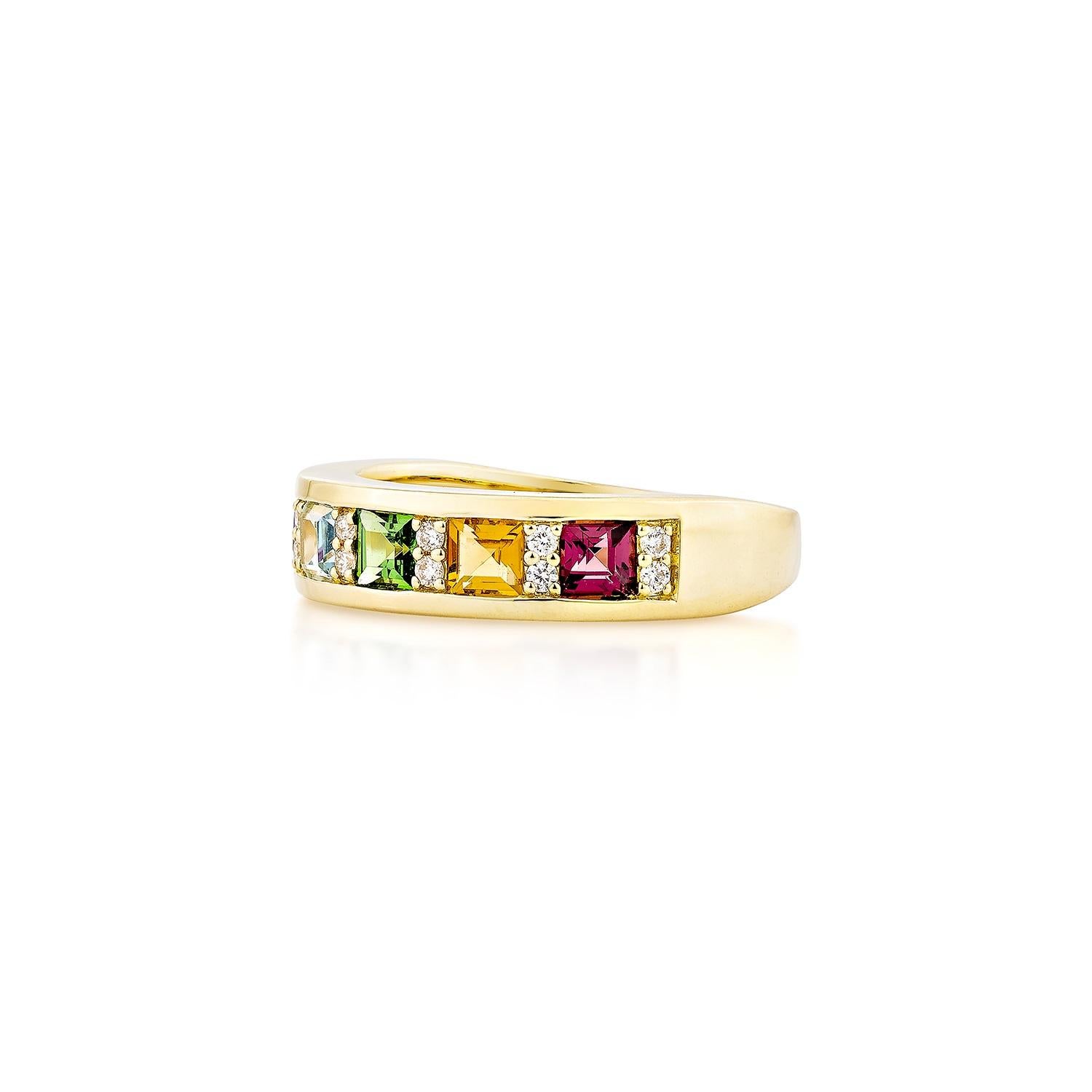 Princess Cut Sunita Nahata Rainbow Gemstone 1.12ct. Ring in 18KYG with White Diamond. For Sale