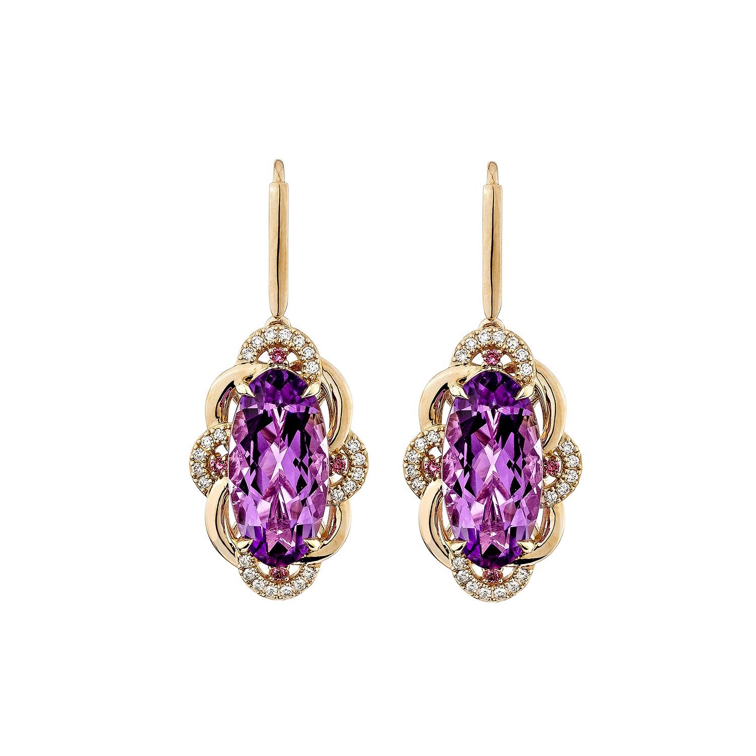Contemporaneo Sunita Nahata Ametista e Rodolite 11.29ct. Orecchino a goccia in 14KRG con diamante. in vendita