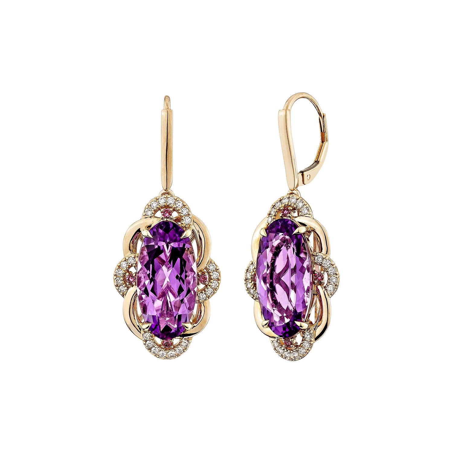 Taglio ovale Sunita Nahata Ametista e Rodolite 11.29ct. Orecchino a goccia in 14KRG con diamante. in vendita