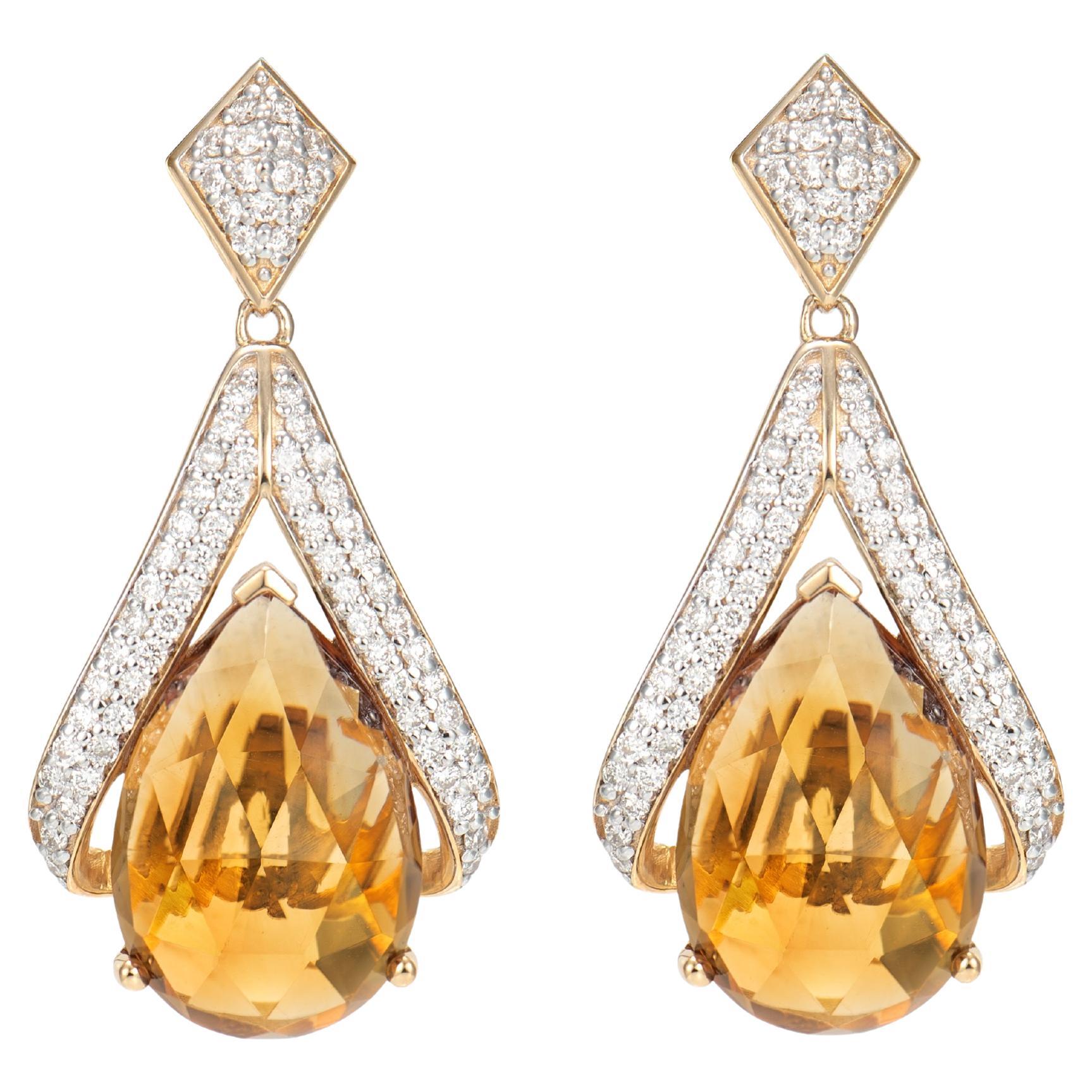 Sunita Nahata Honey Quartz 11.79ct. Drop Earring in 18KYG with Diamond.