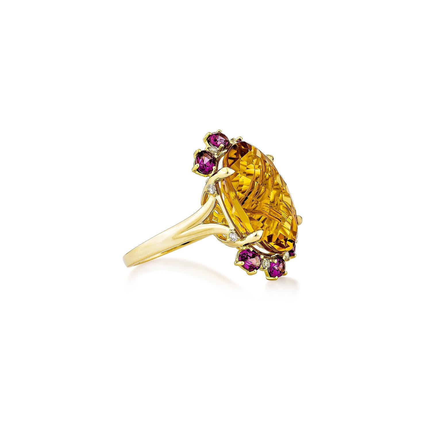 This elegant ring features a radiant oval-shaped citrine paired with a vibrant oval-shaped rhodolite, accented by sparkling diamonds. Crafted in 18K yellow gold, it’s a perfect blend of bold color and timeless sophistication.

Citrine & Rhodolite