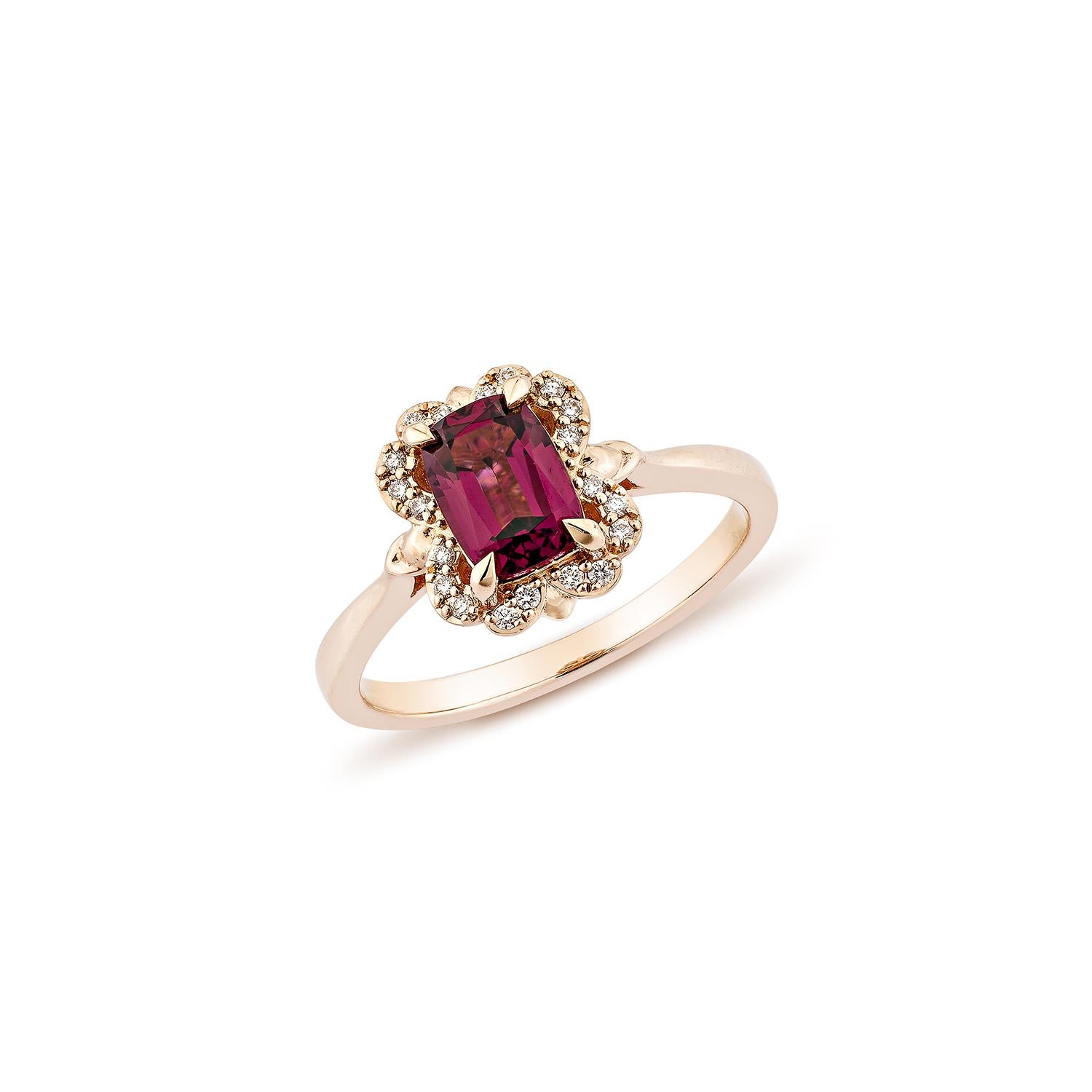 Contemporary Sunita Nahata Rhodolite 1.29ct. Fancy Ring in 14KRG with White Diamond. For Sale