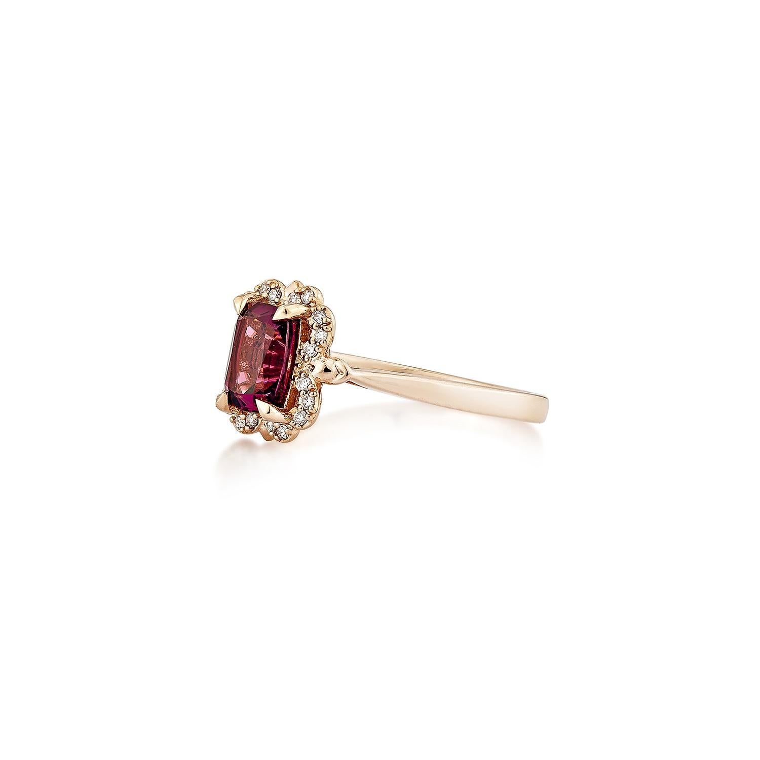 Cushion Cut Sunita Nahata Rhodolite 1.29ct. Fancy Ring in 14KRG with White Diamond. For Sale