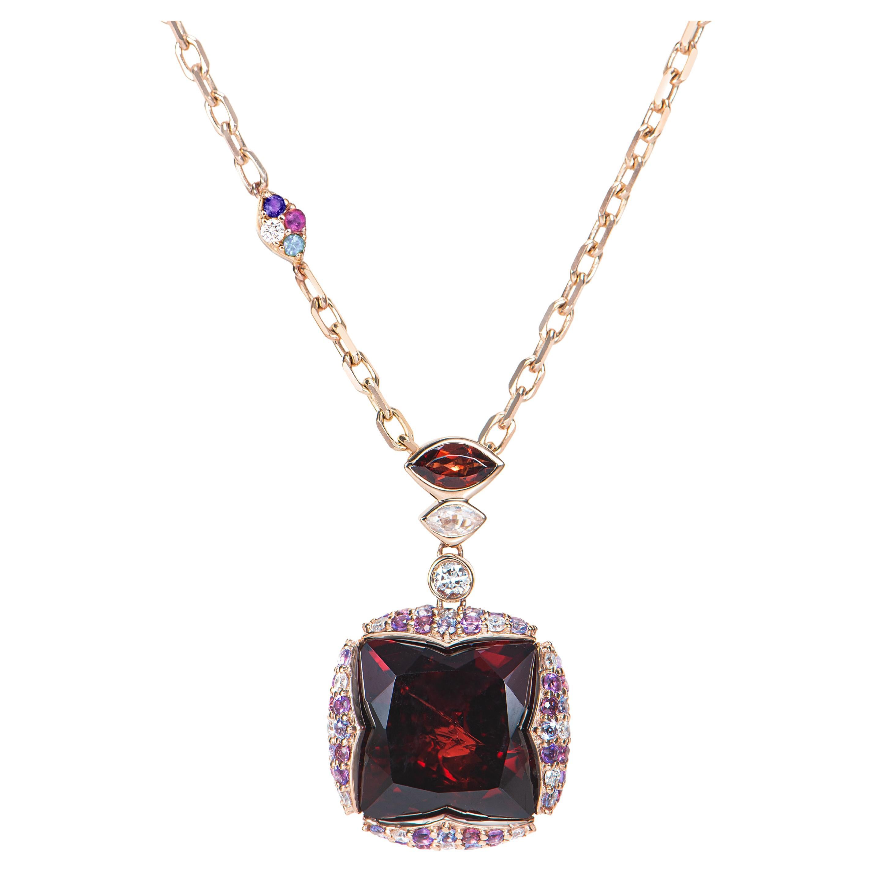 Sunita Nahata Garnet 13.32ct. Pendant in 18KRG with Gemstones & Diamond.