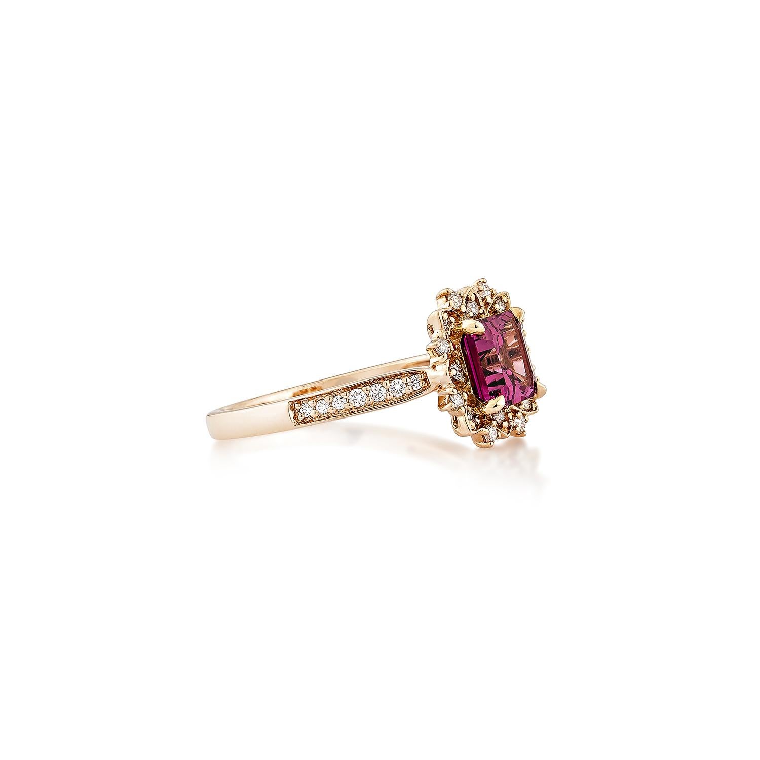 Sunita Nahata presents an elegant Rhodolite fancy ring in an octagon shape, set with sparkling white diamonds. This exquisite piece exudes grace and elegance, making it perfect for both daily wear and special occasions. Crafted from 14-karat rose