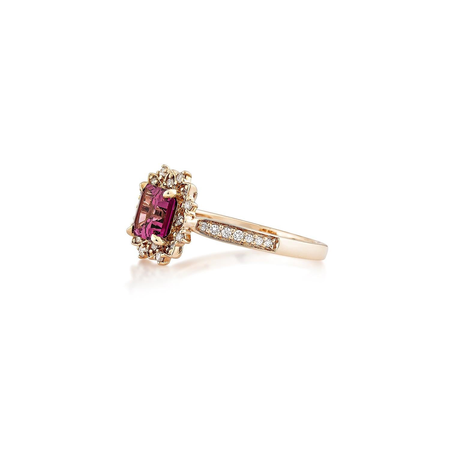 Octagon Cut Sunita Nahata Rhodolite 1.34 Carat Fancy Ring in 14KRG with White Diamond. For Sale