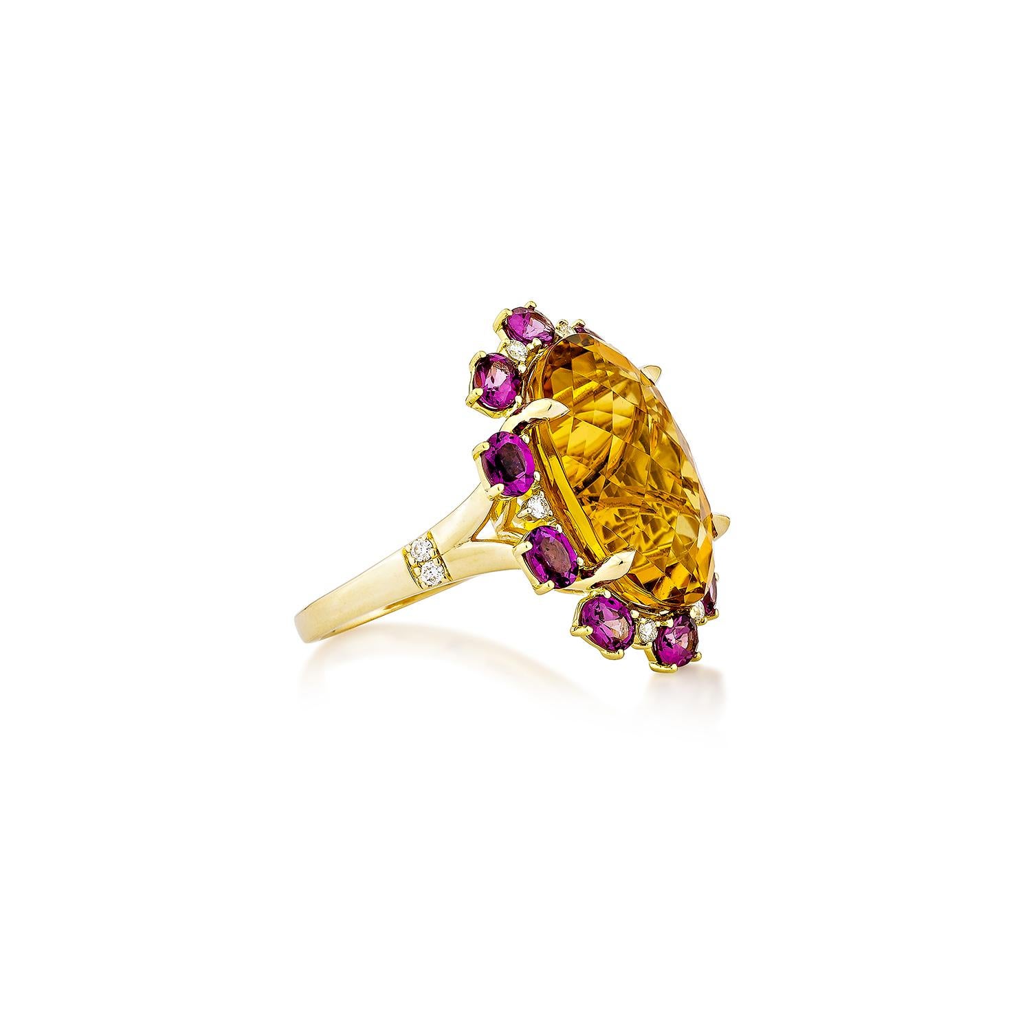 This elegant ring features a radiant oval-shaped citrine paired with a vibrant oval-shaped rhodolite, accented by sparkling diamonds. Crafted in 18K yellow gold, it’s a perfect blend of bold color and timeless sophistication.

Citrine & Rhodolite