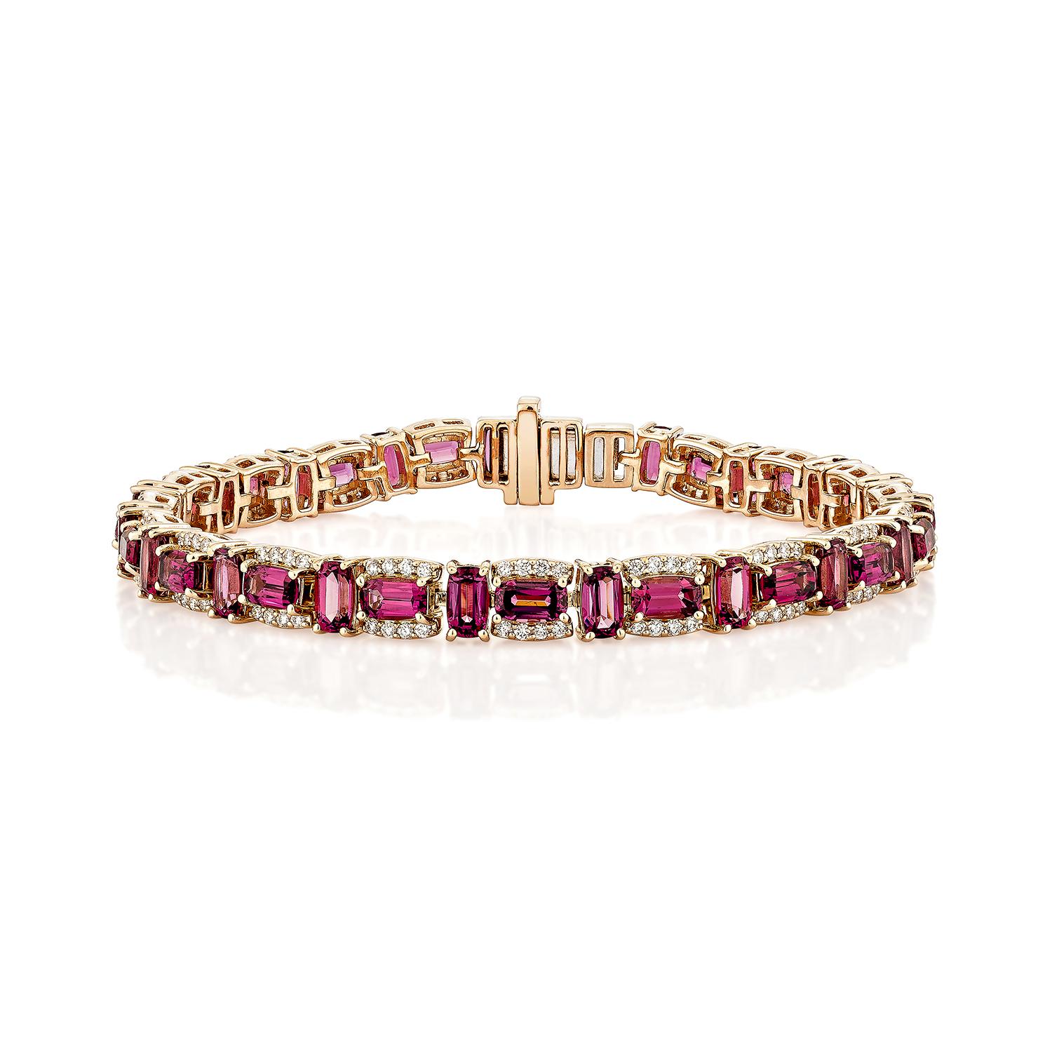 sunita nahata present this bracelet features cushion step-cut rhodolite gemstones in a rich, vibrant hue, beautifully made  in 14K rose gold. Each gemstone is accented with white diamonds, creating a harmonious balance of luxury and brilliance. This