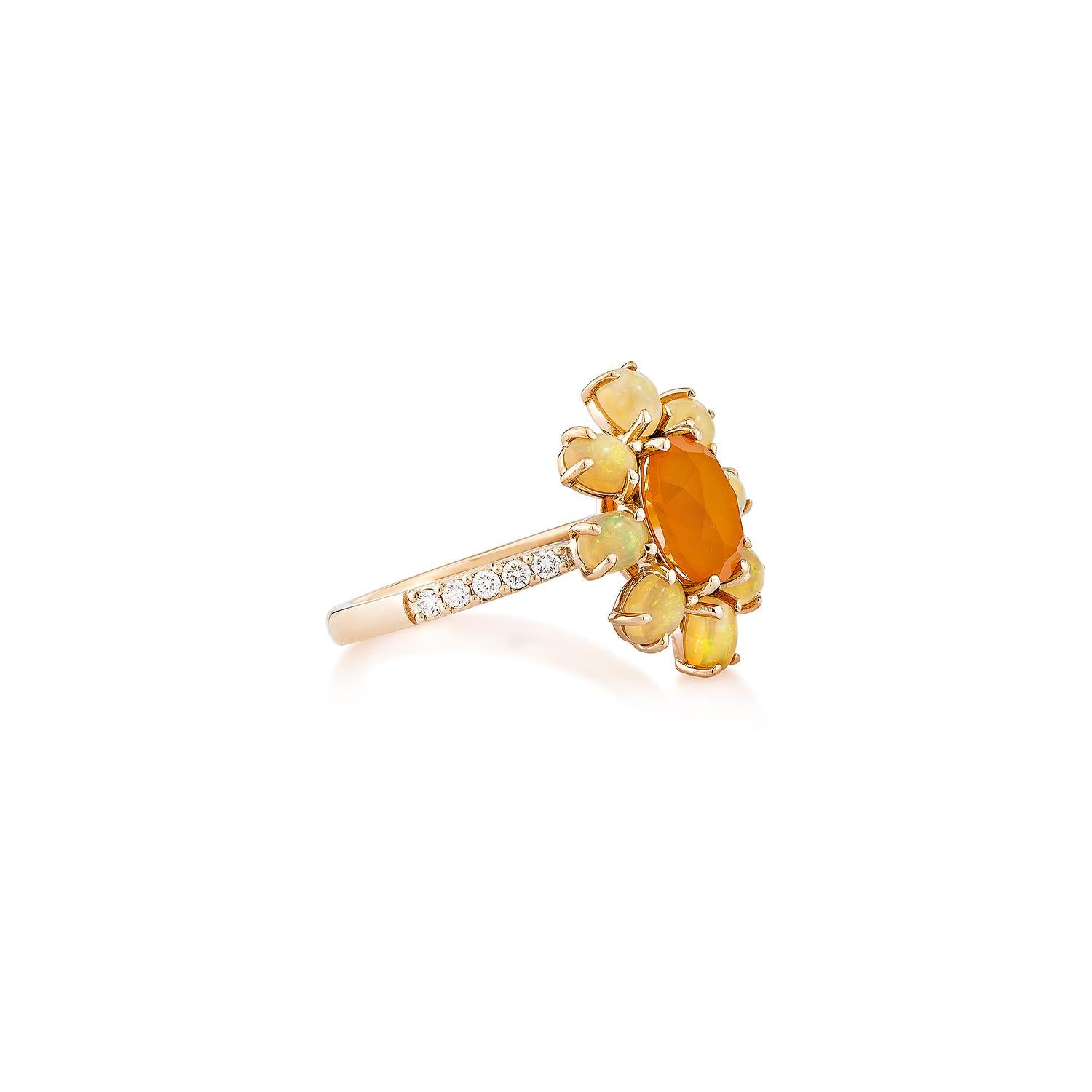 An elegant 18K rose gold ring showcasing oval-shaped carnelian and opal gemstones, accented with sparkling diamonds for a timeless, sophisticated allure.

Carnelian and Opal Fancy Ring in 18KRG with Diamond.

Carnelian: 1.37 carat, 8X6mm size, oval