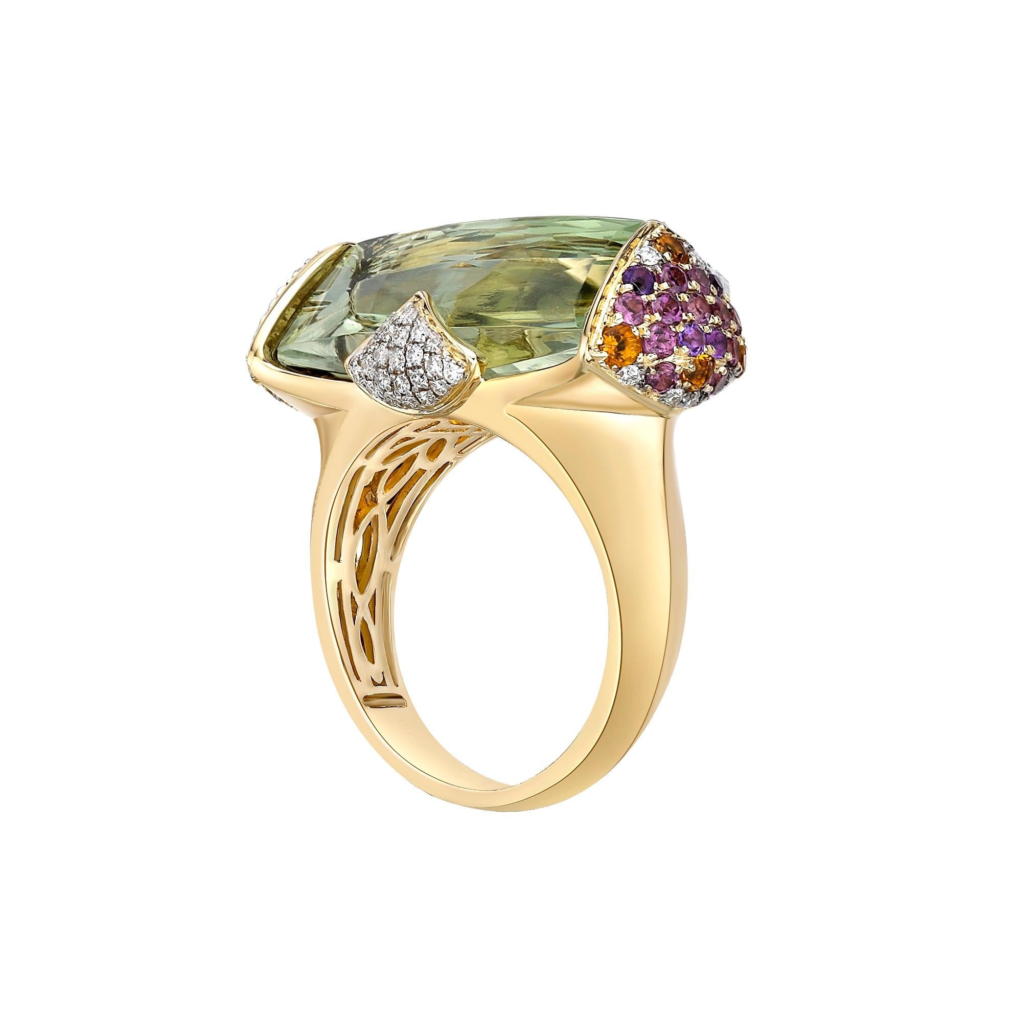 Antique and ornate rings embody wealth and elegance while reflecting personal style. This collection features stunning rings set with green amethyst, smoky quartz, amethyst, and London blue topaz in a unique baguette cabochon shape. Each piece is