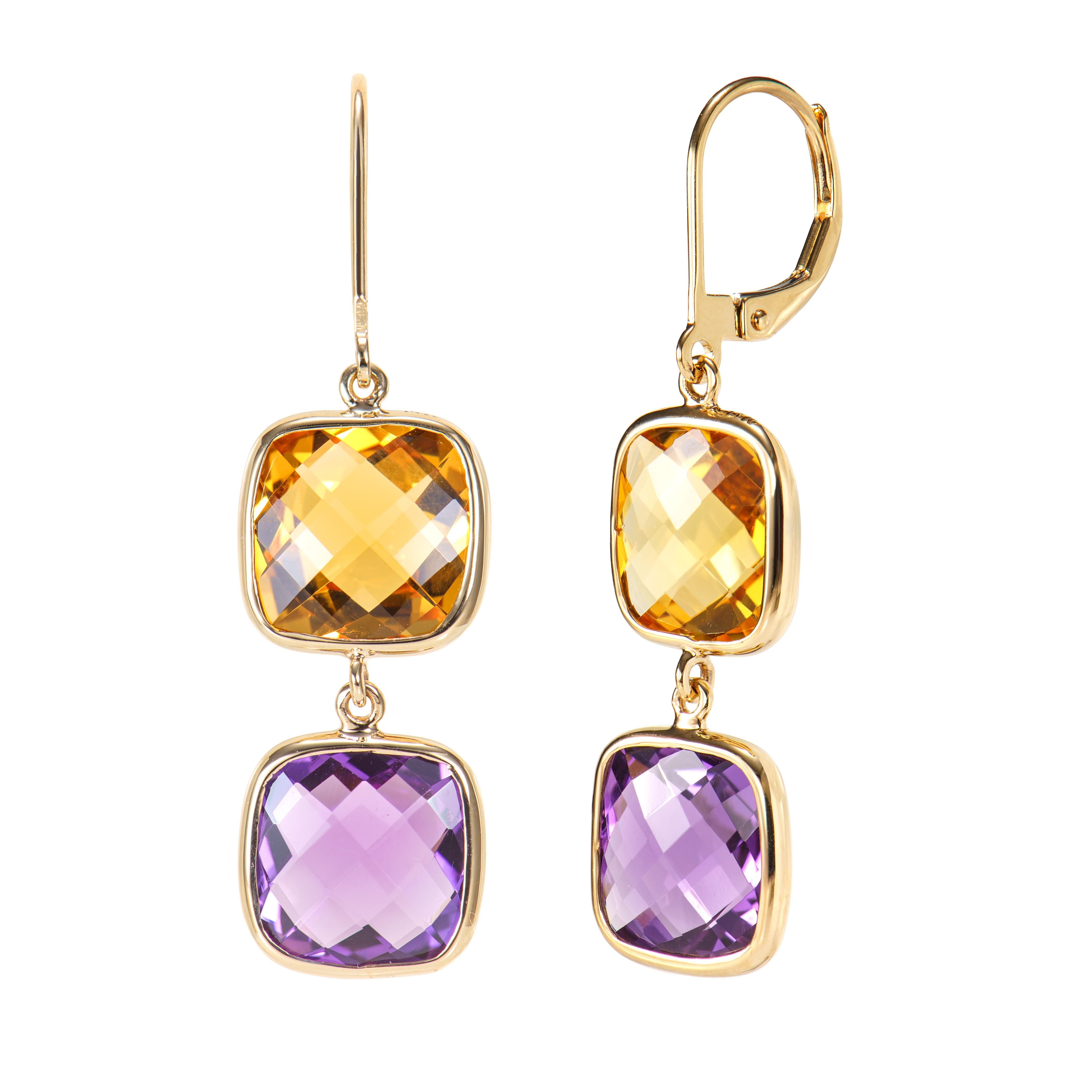 Taglio cuscino Sunita Nahata Ametista e Citrino 13,87ct. Orecchino a goccia in 14KYG in vendita