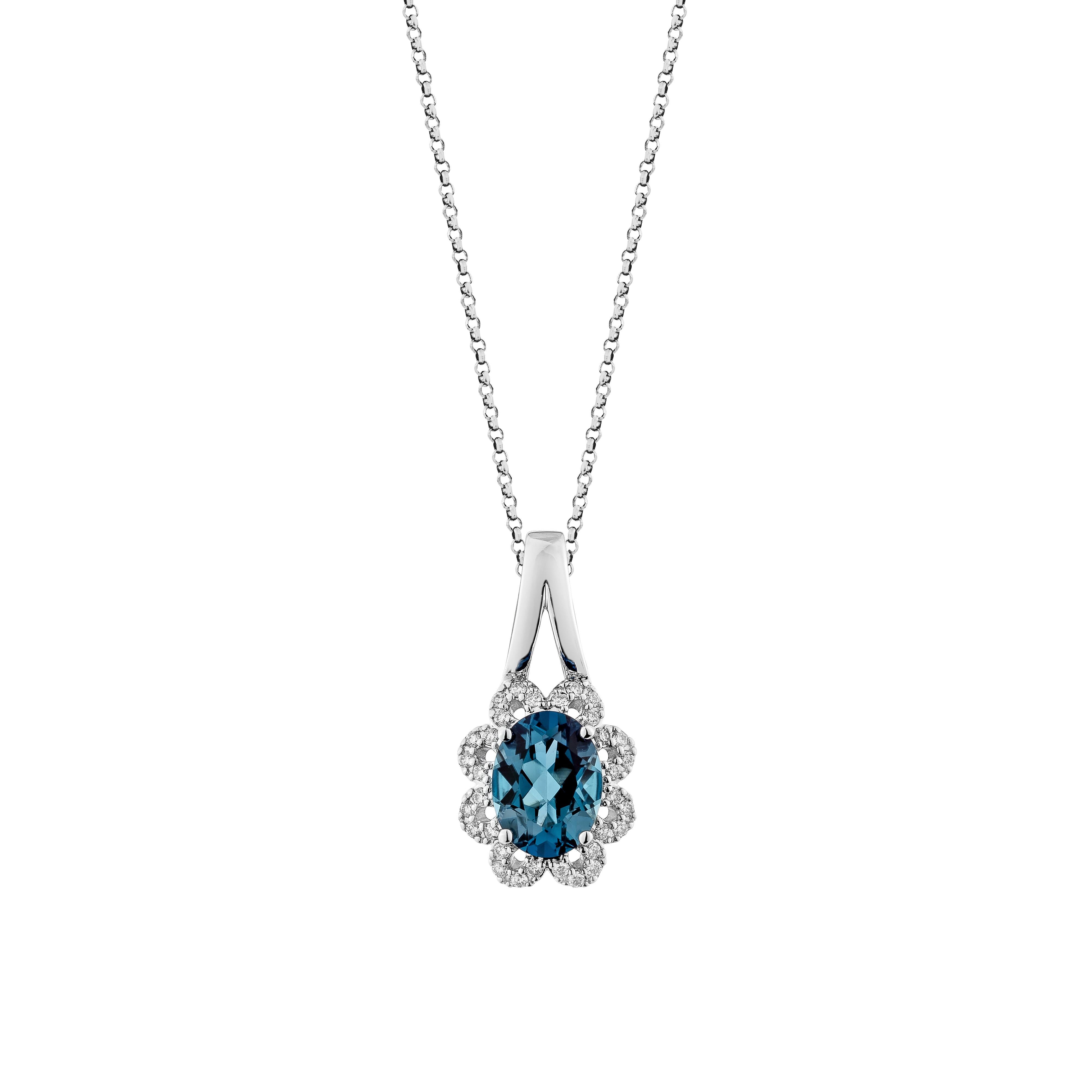 This stunning pendant features a mesmerizing oval-shaped London blue topaz, prized for its deep, captivating hue. The centerpiece is elegantly complemented by sparkling white diamonds, adding a touch of brilliance to the design. Set in lustrous